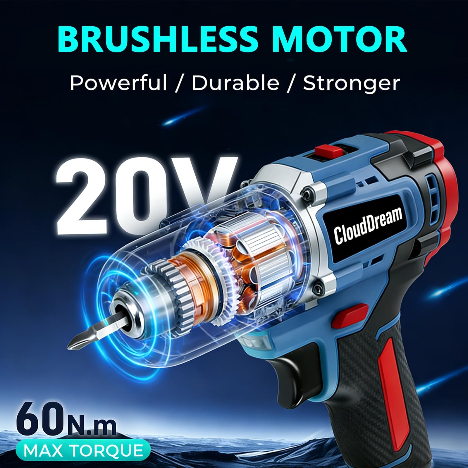 Cordless Drill Set,Electric Power Drill with 2 Battery,60N.m,21+1 Torque,2 Varia