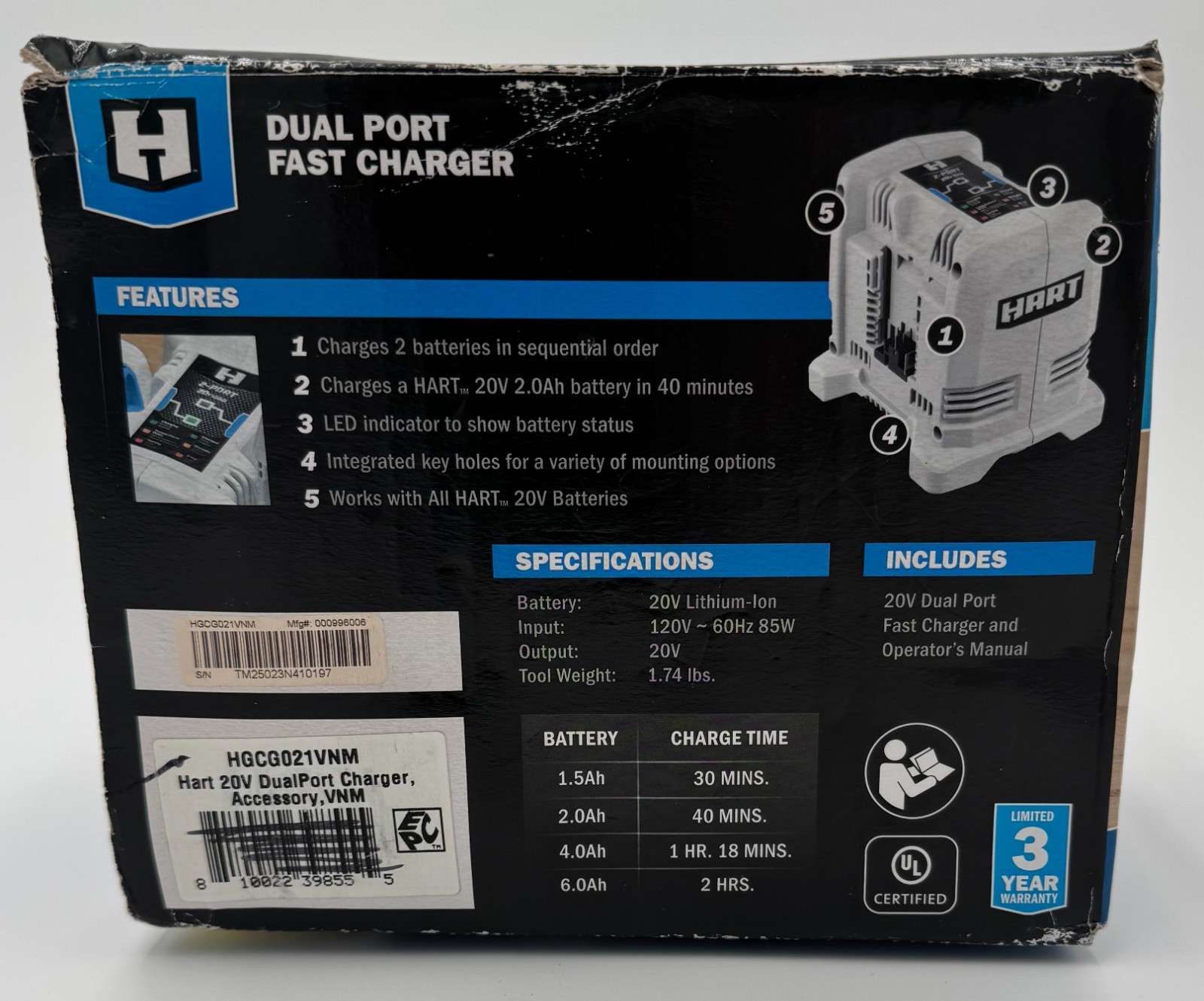 HART Dual Port Fast Charger NEW/Open Box Under 1hr charge, 20v cordless system