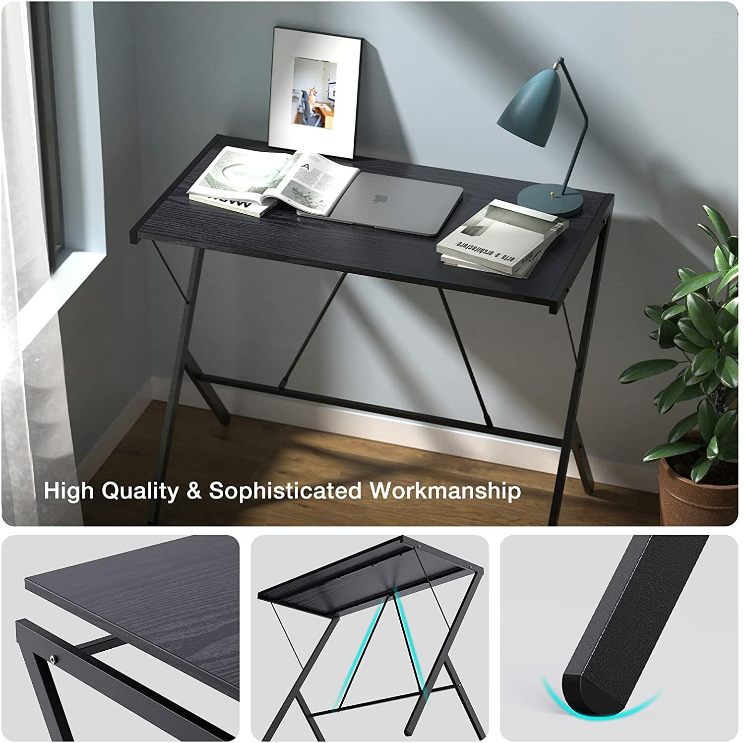 Mehoom Modern Metal Study Desk for Home Office, Table, Black, 35.4″