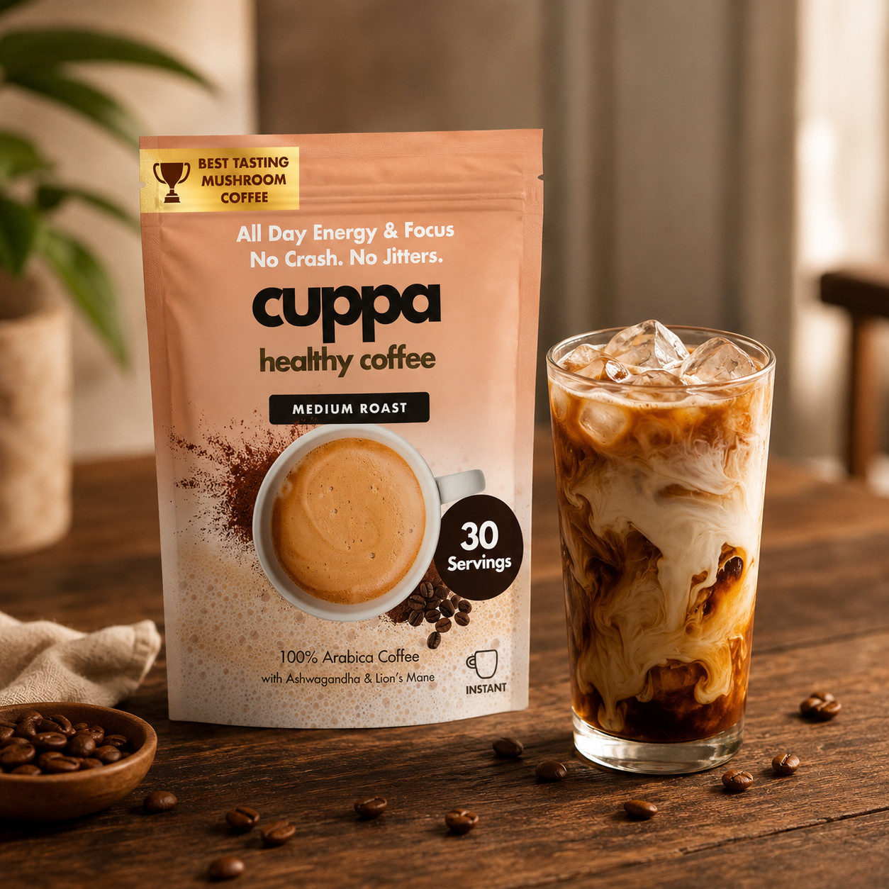 Cuppa Mushroom Coffee Medium Roast Lion’s Mane 60 Servings 2 x 30 Pack Organic