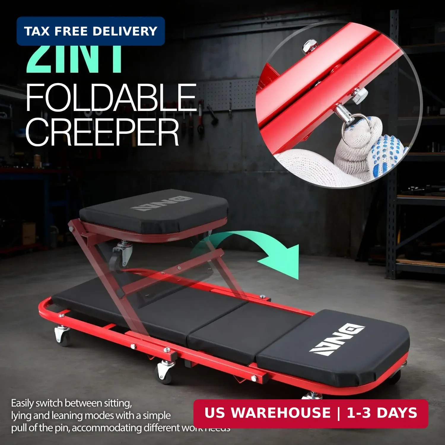 ‎DNA MOTORING TOOLS-00186 40 Inches 2 IN 1 Rolling Folding Car Creeper/Seat, 6 P