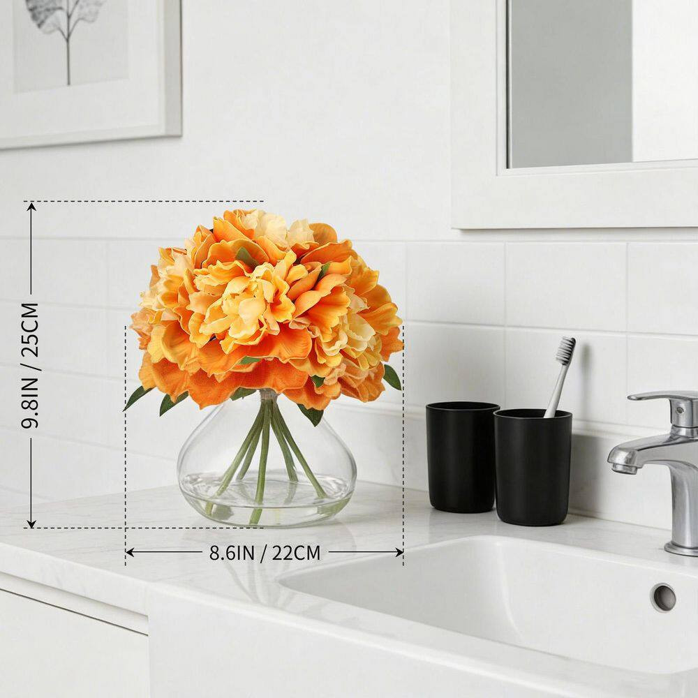 9.8 In. Orange Artificial Peonies Floral Arrangement in Glass Vase