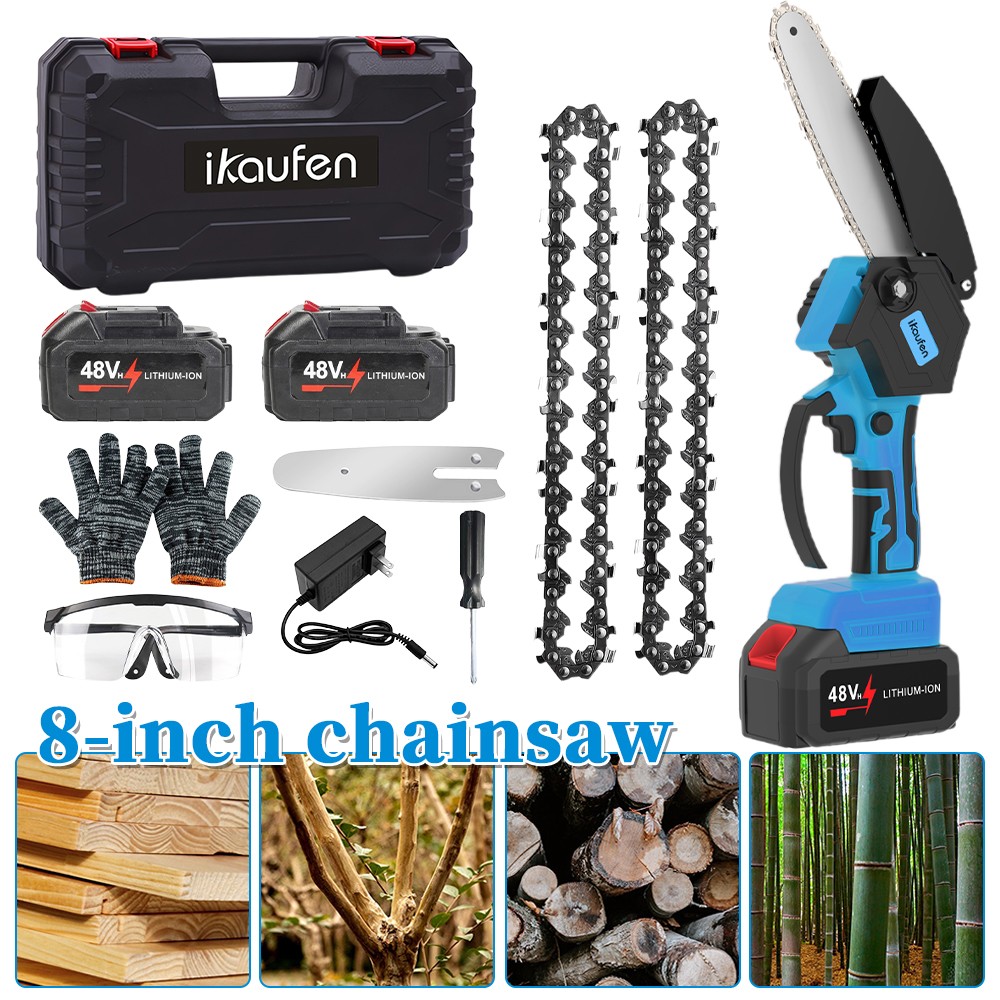 Mini Electric Chainsaw 8 Inch Cordless Handheld Pruning Saw 2 Battery Kit A07