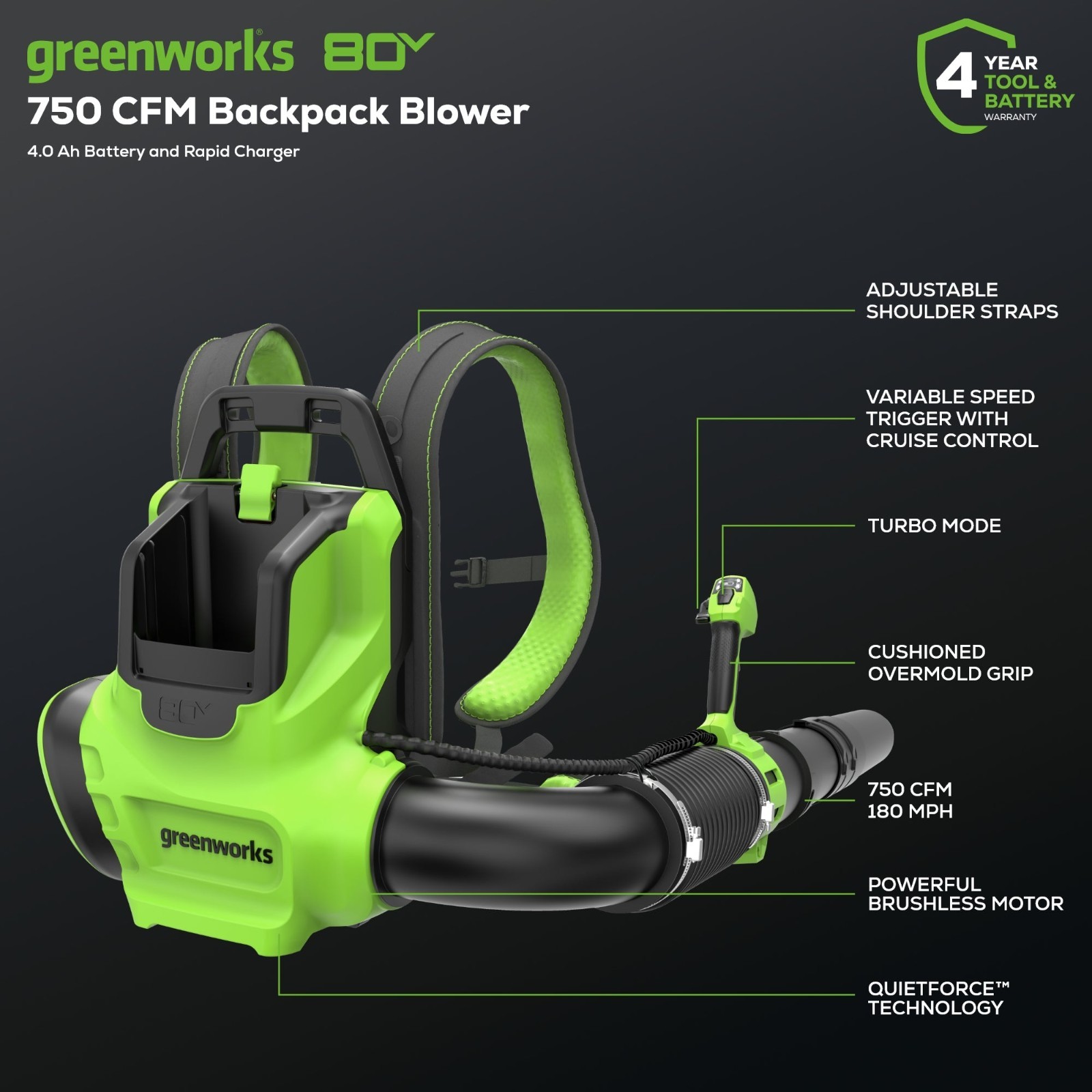 Greenworks 80V 750CFM Backpack Leaf Blower with 4Ah Battery and Rapid Charger
