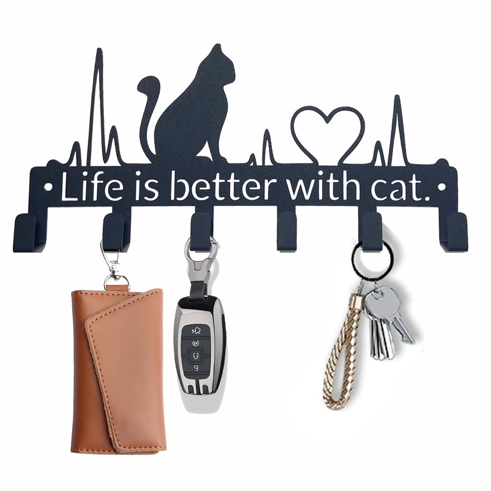 9.8 In Black Cute Cat Key Holder Wall Mount 6 Hooks Organizer Rustproof