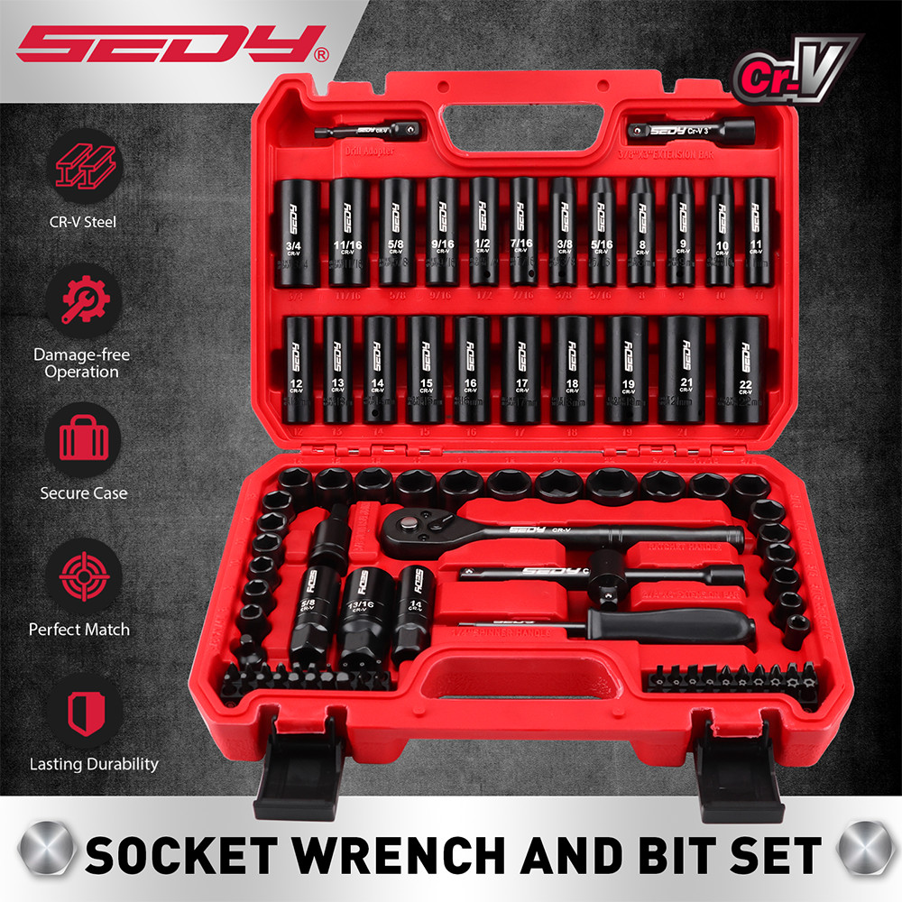 96PC 3/8″ Drive Impact Socket Wrench and Bit Set Standard & Deep SAE & Metric