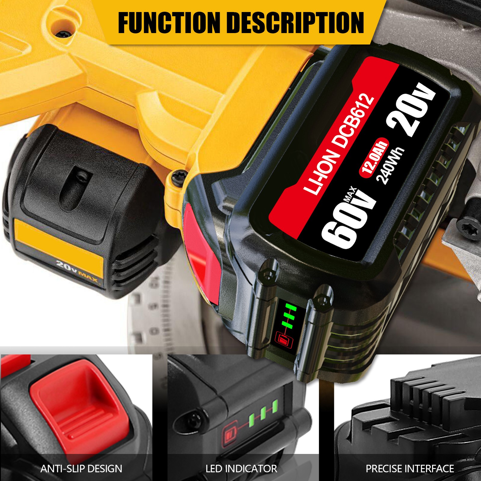 For DEWALT FLEXVOLT 20V/60V MAX 9Ah / 12Ah Li-Ion Battery DCB609 DCB606 DCB612