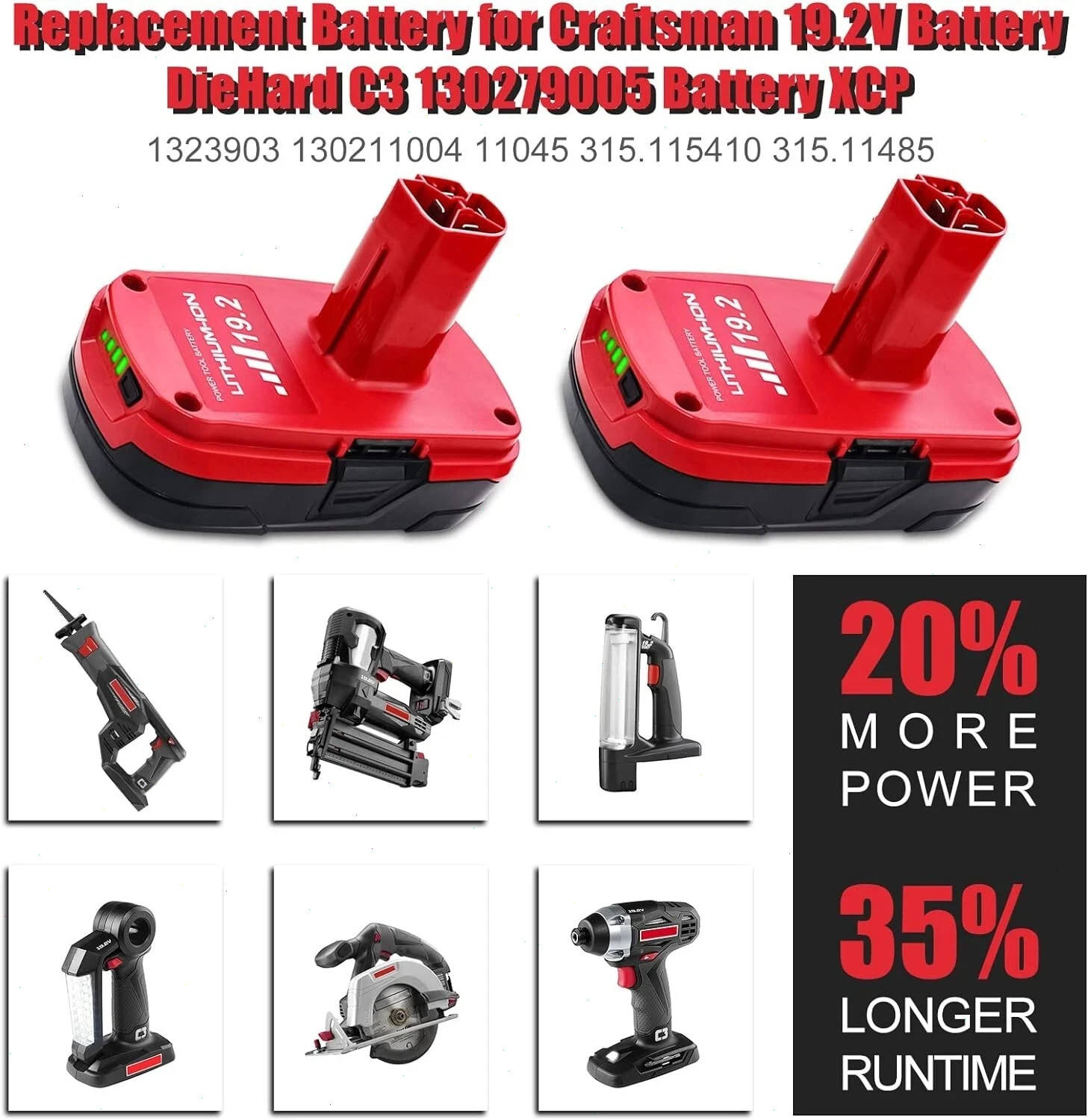 2pack 19.2Volt 8.0Ah For Craftsman C3 DieHard Lithium XCP Battery /Charger 11375