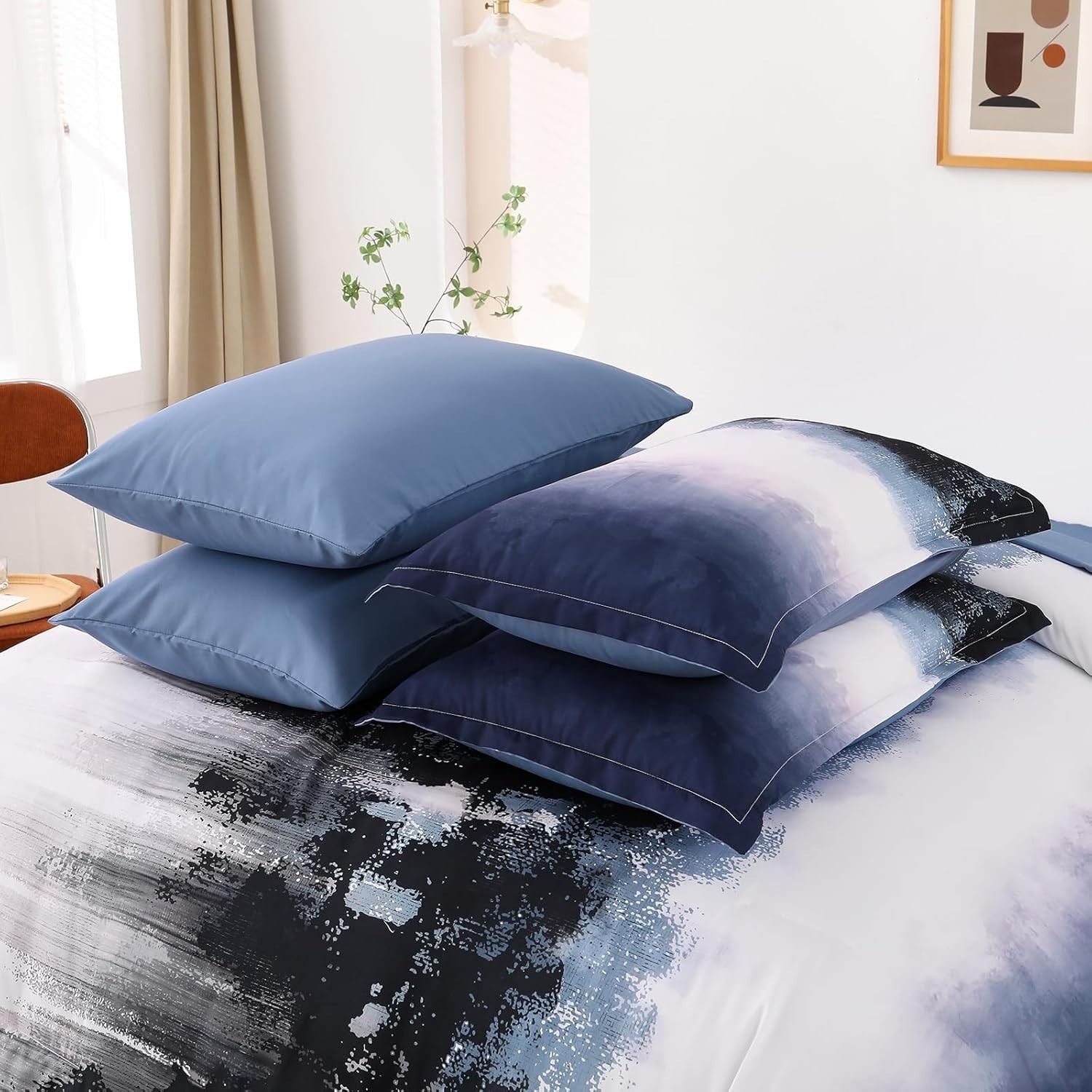 Ombre Blue Comforter Set Queen – 7 Piece Boho Bedding for Teens & Adults