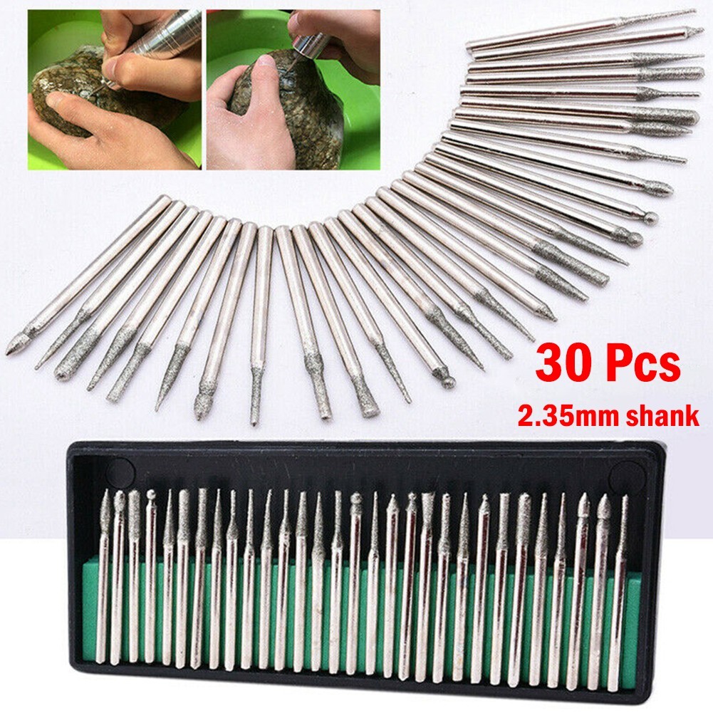30 Pcs 2.35mm Shank Diamond Burs Set With Box For Electric Grinder Power Tool