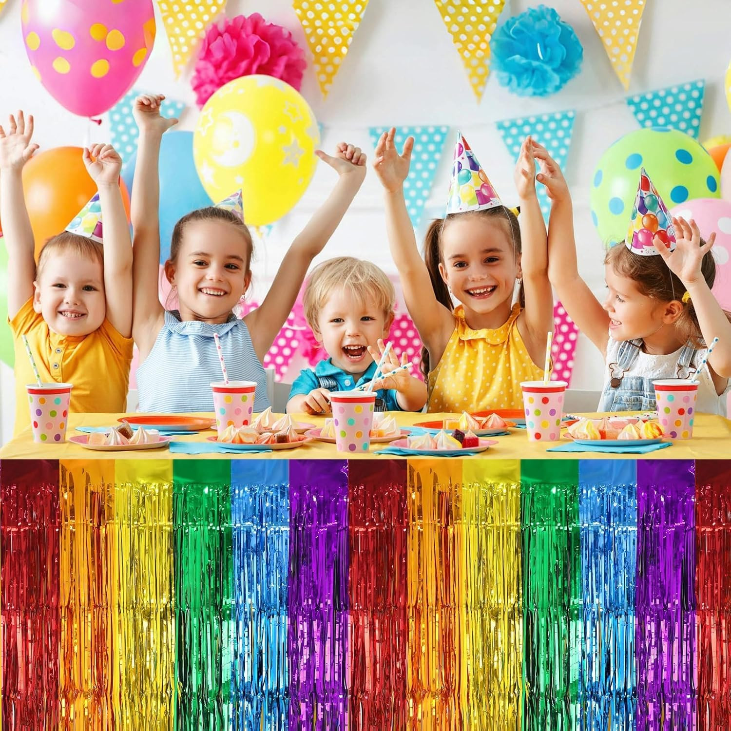 4 Pack Pride Rainbow Table Skirts, 30X108 Inch Metallic Foil Fringe Table Skirts