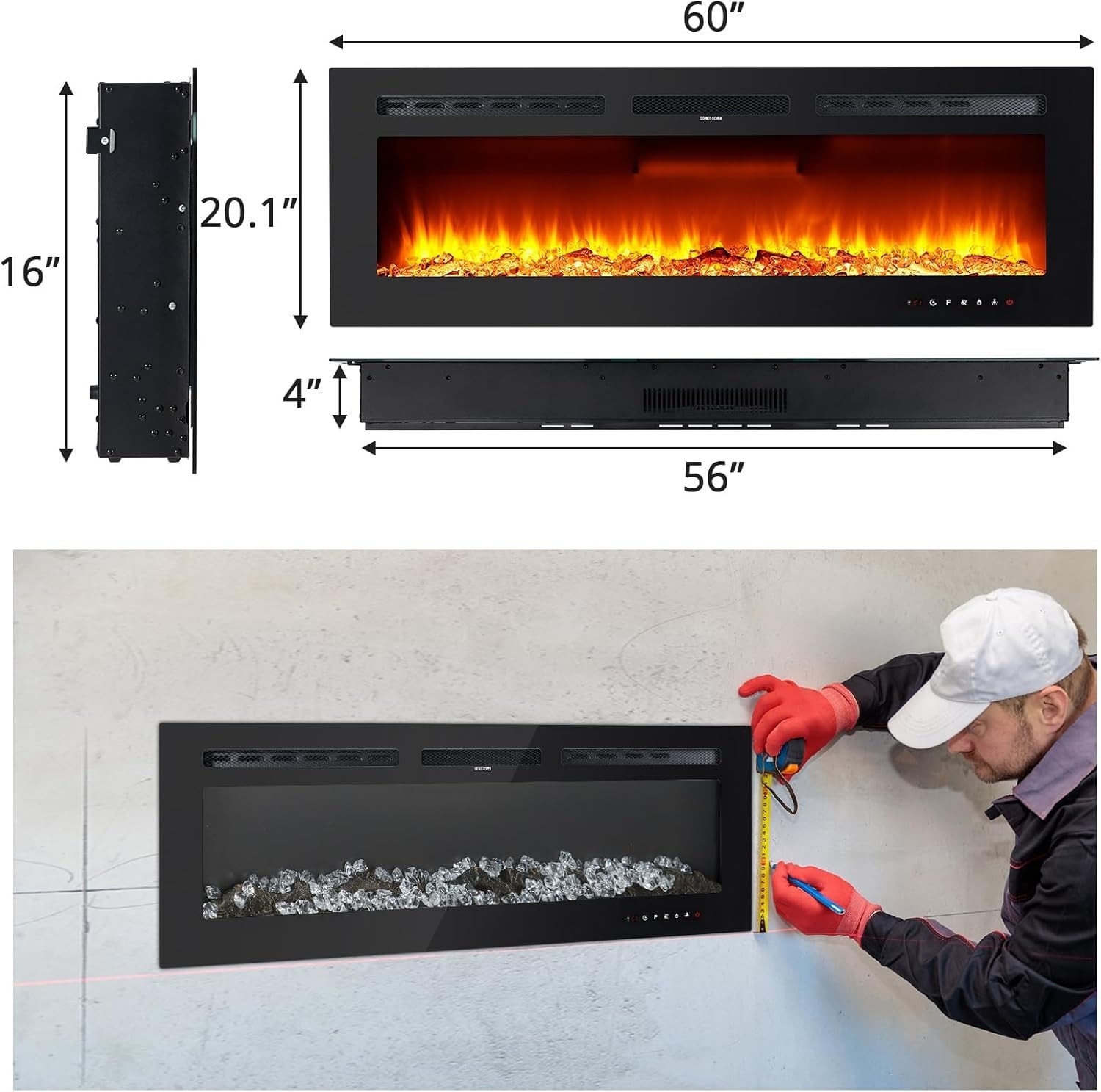 60″ Ultra-Thin Recessed / Wall Mount Electric Fireplace, 1500W Heater, 12-Color