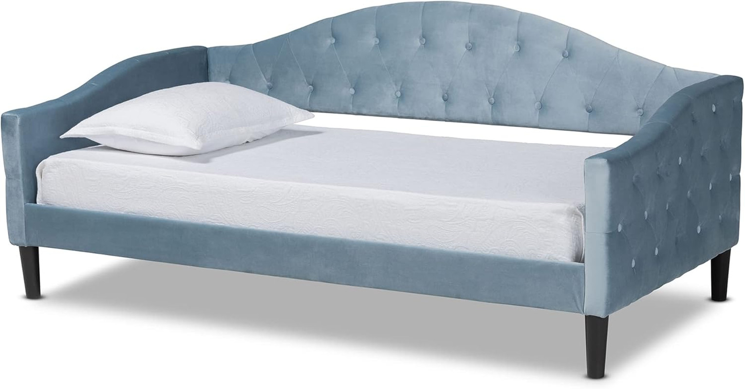 Light Blue Velvet Twin Daybed with Dark Brown Wood Finish