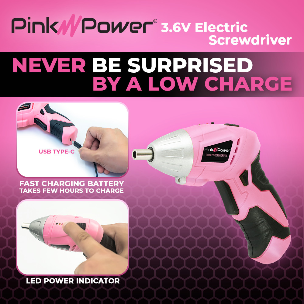 Pink Power PP481 3.6V Lightweight Electric Screwdriver Kit & Bit Set Handheld