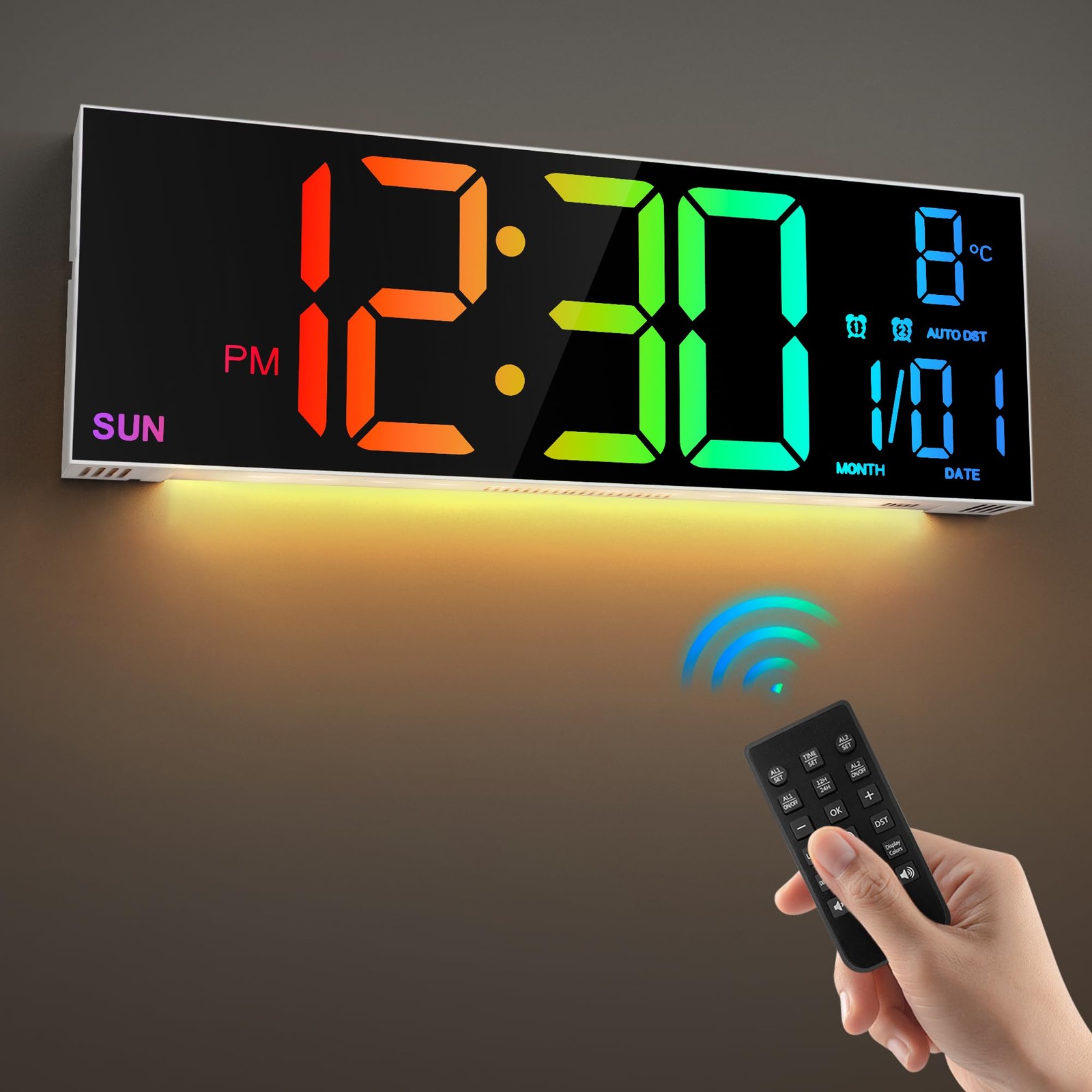 16.2” Large Digital Wall Clock with Remote Control, Big LED/Dual Alarm/8 RGB…