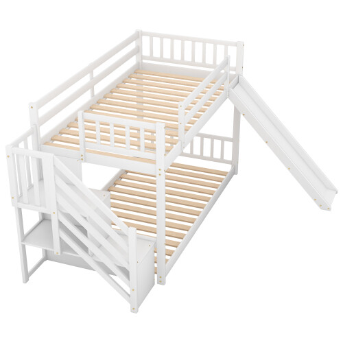 Stairway Wooden Bunk Bed w/ Slide Low Floor Bed for Kids Teens Adults,White/Gray