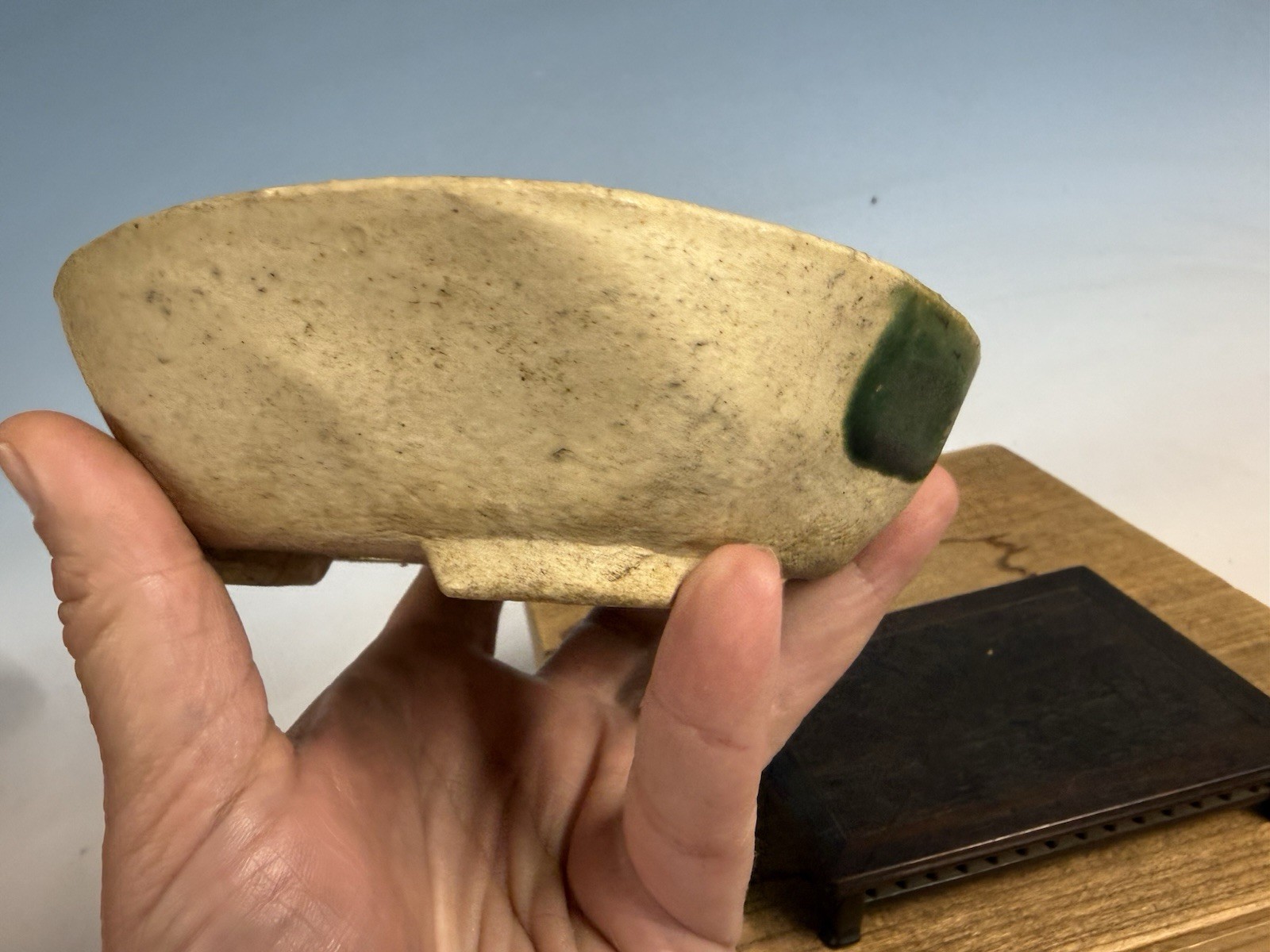 Japanese Unknown Maker Shohin Bonsai Tree Pot 6 1/4 By 1 7/8” Cream And Green