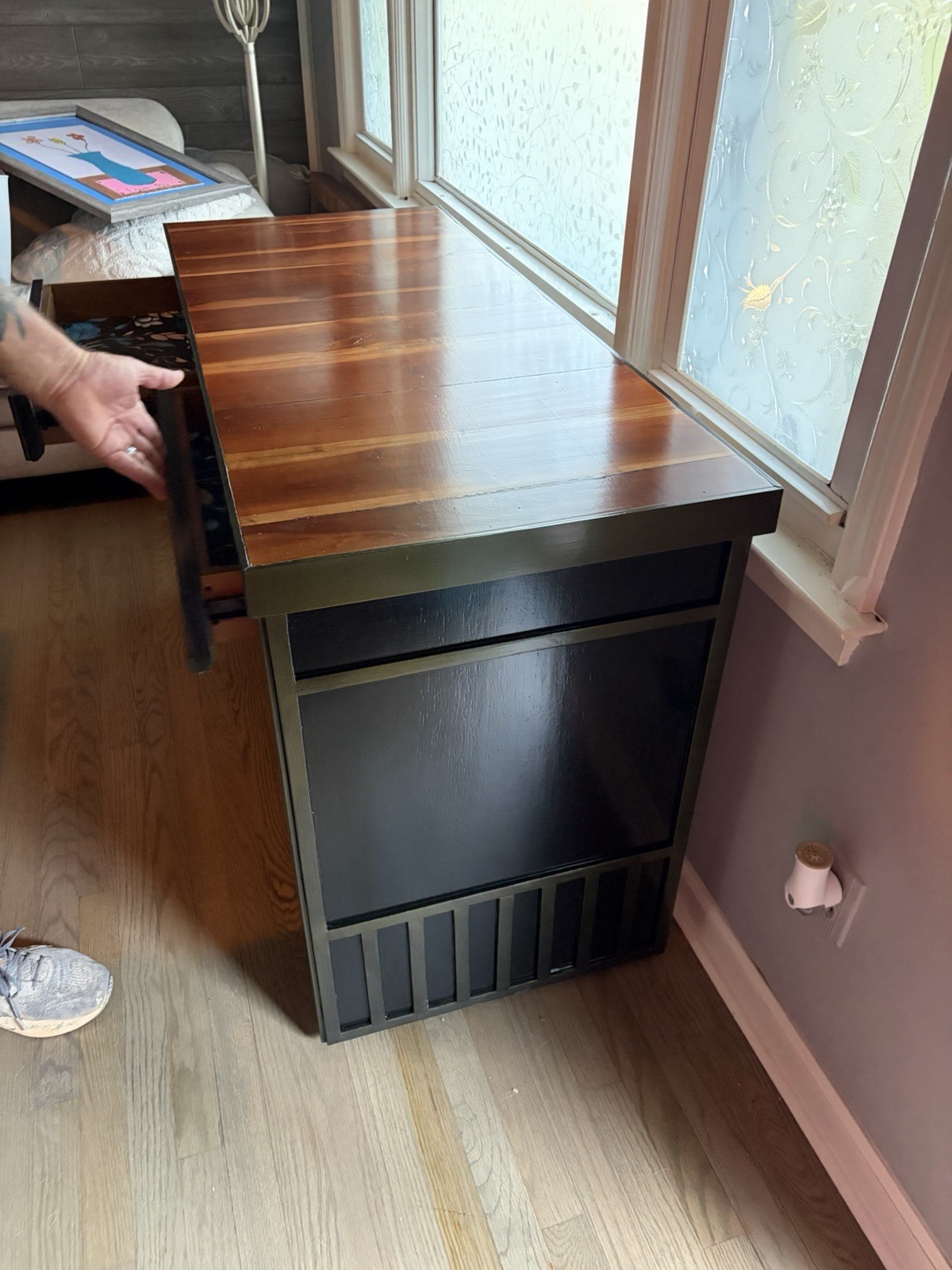 Computer Desk 52x20x35 in, 2 Drawers, Medium Wood Brown Top, Black Base