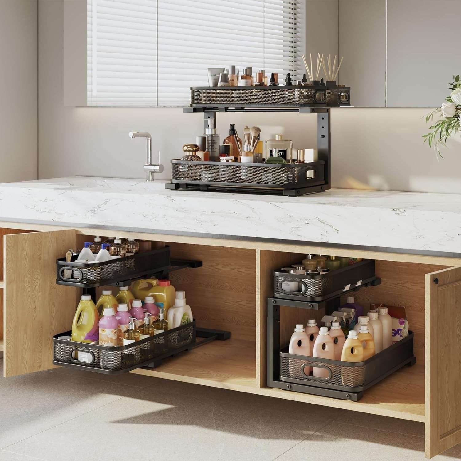 2 Pack 19.3IN-Depth Under Sink Organizer with Smooth Cylindrical Rail,2-Tier Pul