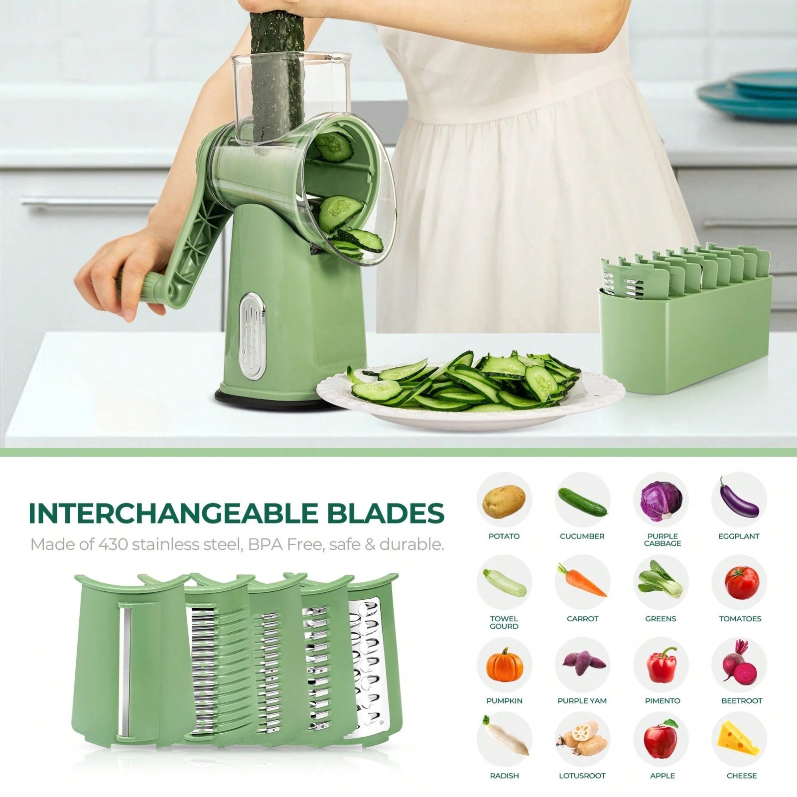 SUSTEAS Rotary Cheese Grater with 5 Blades & Storage Box Sleek Vegetable Shredde