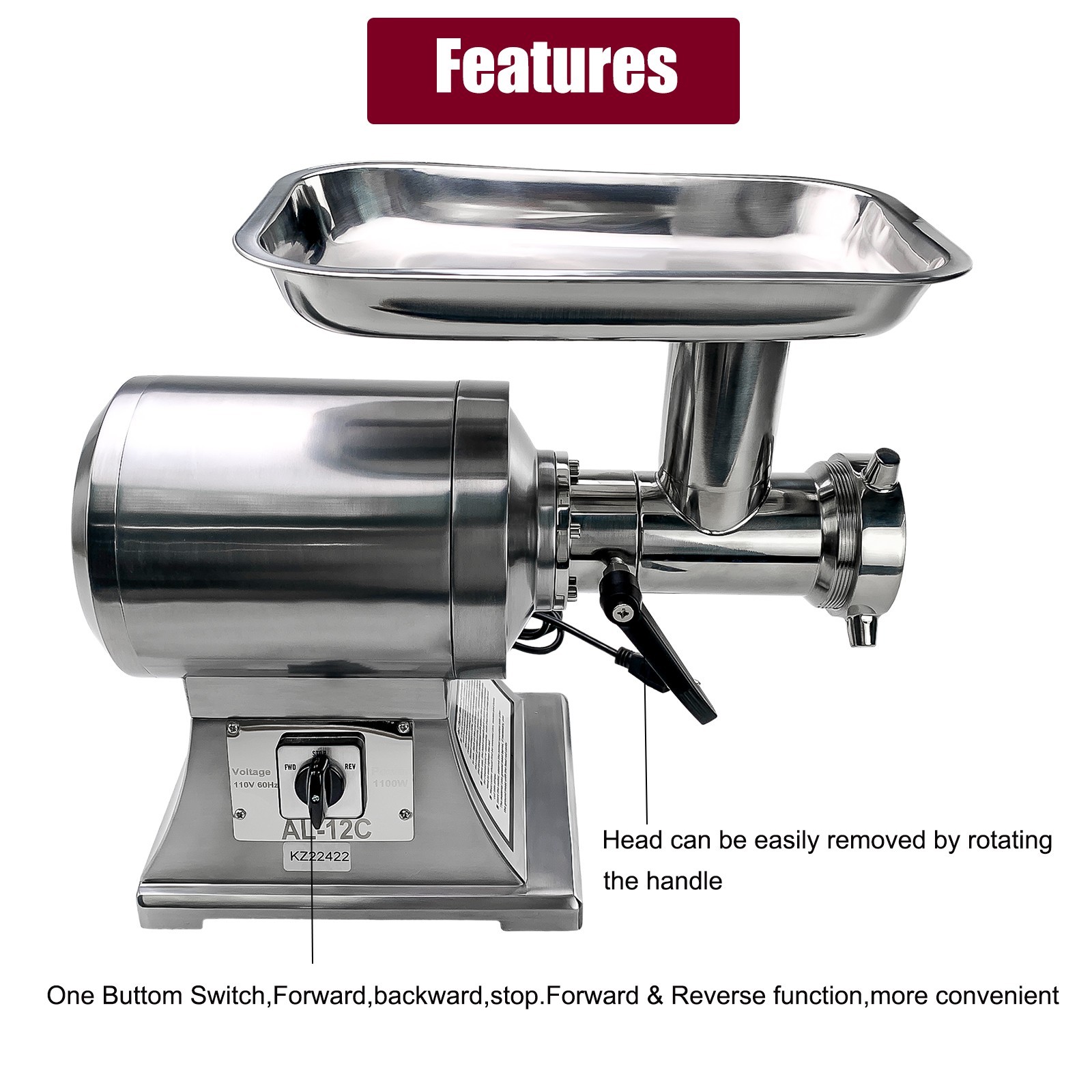 1.5HP Commercial Electric Meat Grinder 1100W Stainless Steel 550lbs/h Heavy Duty