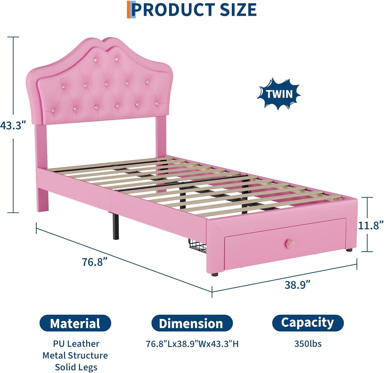 Twin Size Upholstered Bed Frame w/ Storage Drawer & LED Headboard for Kids/Girls