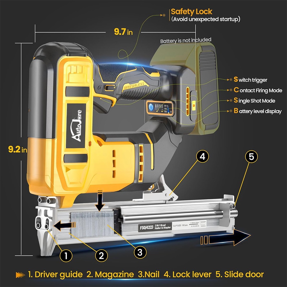 18GA Cordless Brad Nailer for Dewalt 20V Battery, 2 in1 Electric Nail/Staple Gun