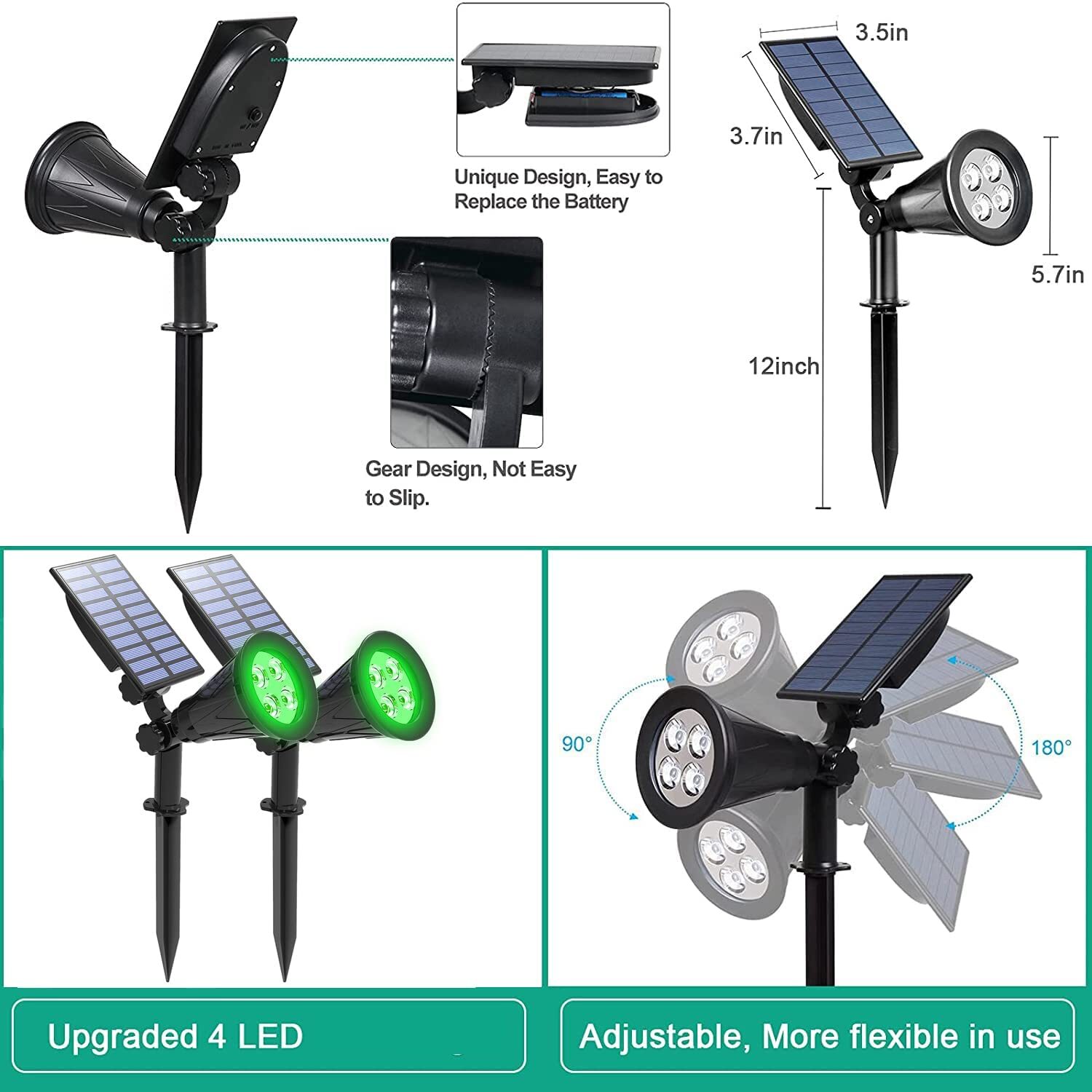 2 Pack Solar Powered Spotlight Outdoor Garden Lawn Landscape Waterproof LED Lamp