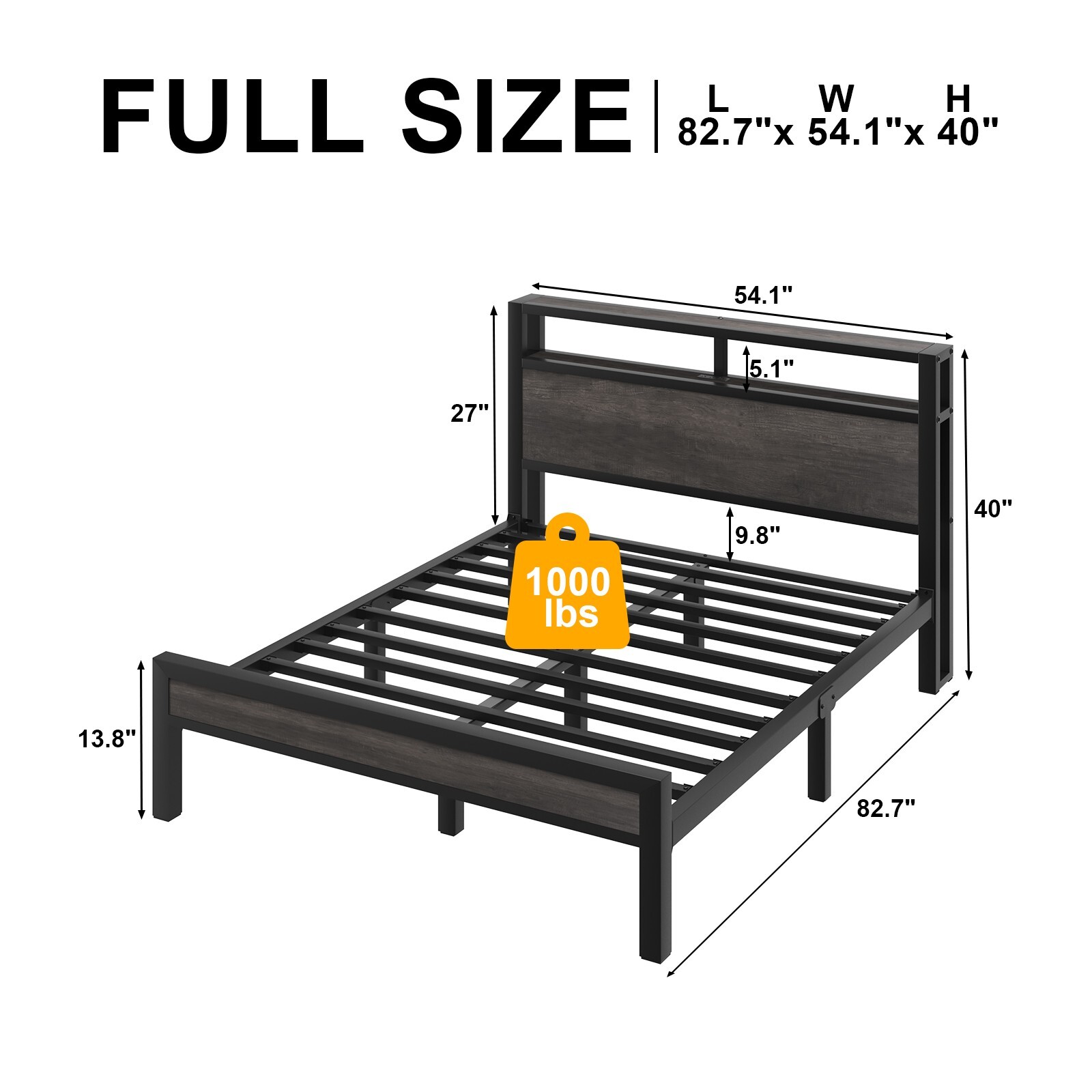Full/Queen/King Metal Bed Frame with Storage Headboard and Charging Station