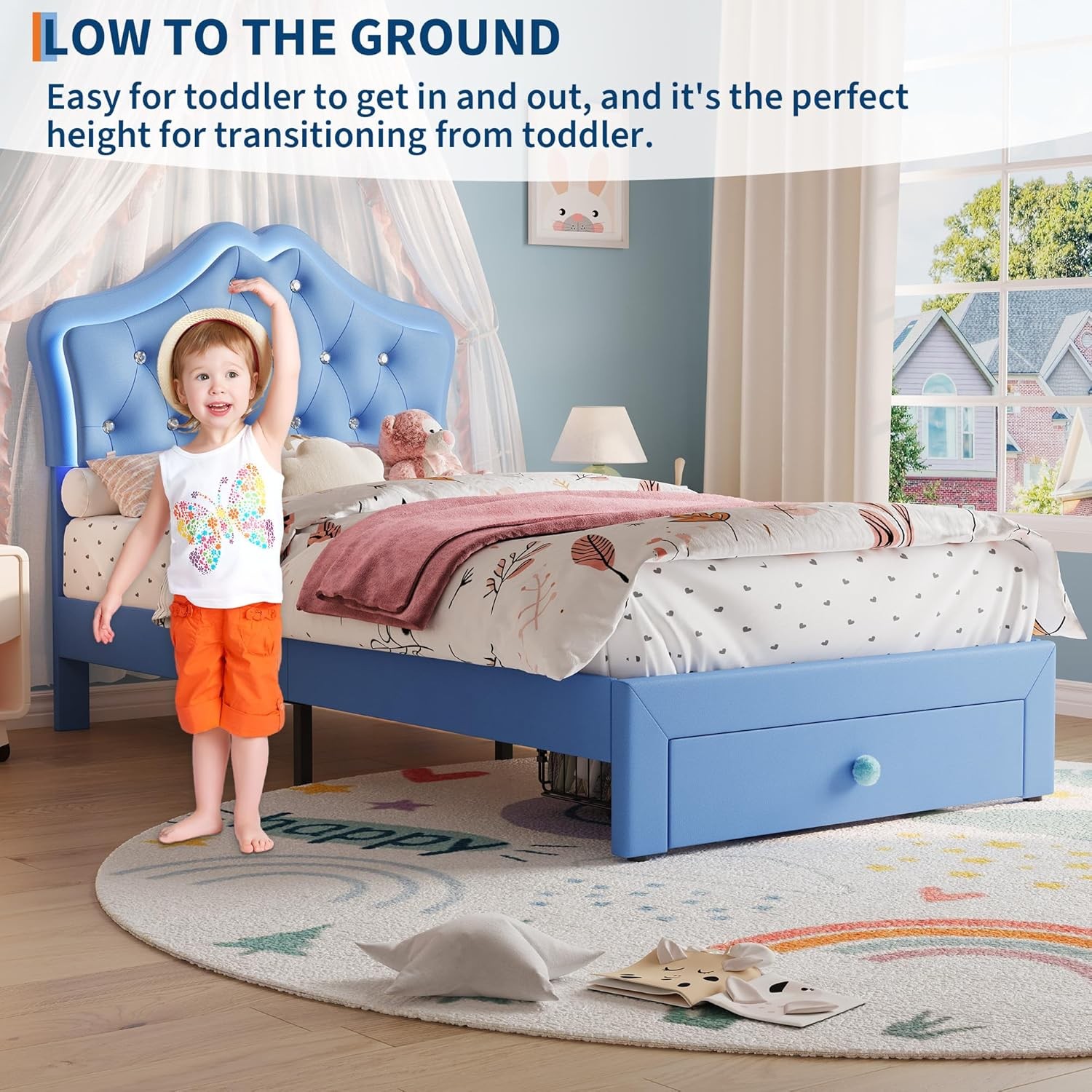 Twin Size Upholstered Bed Frame w/ Storage Drawer & LED Headboard for Kids/Girls