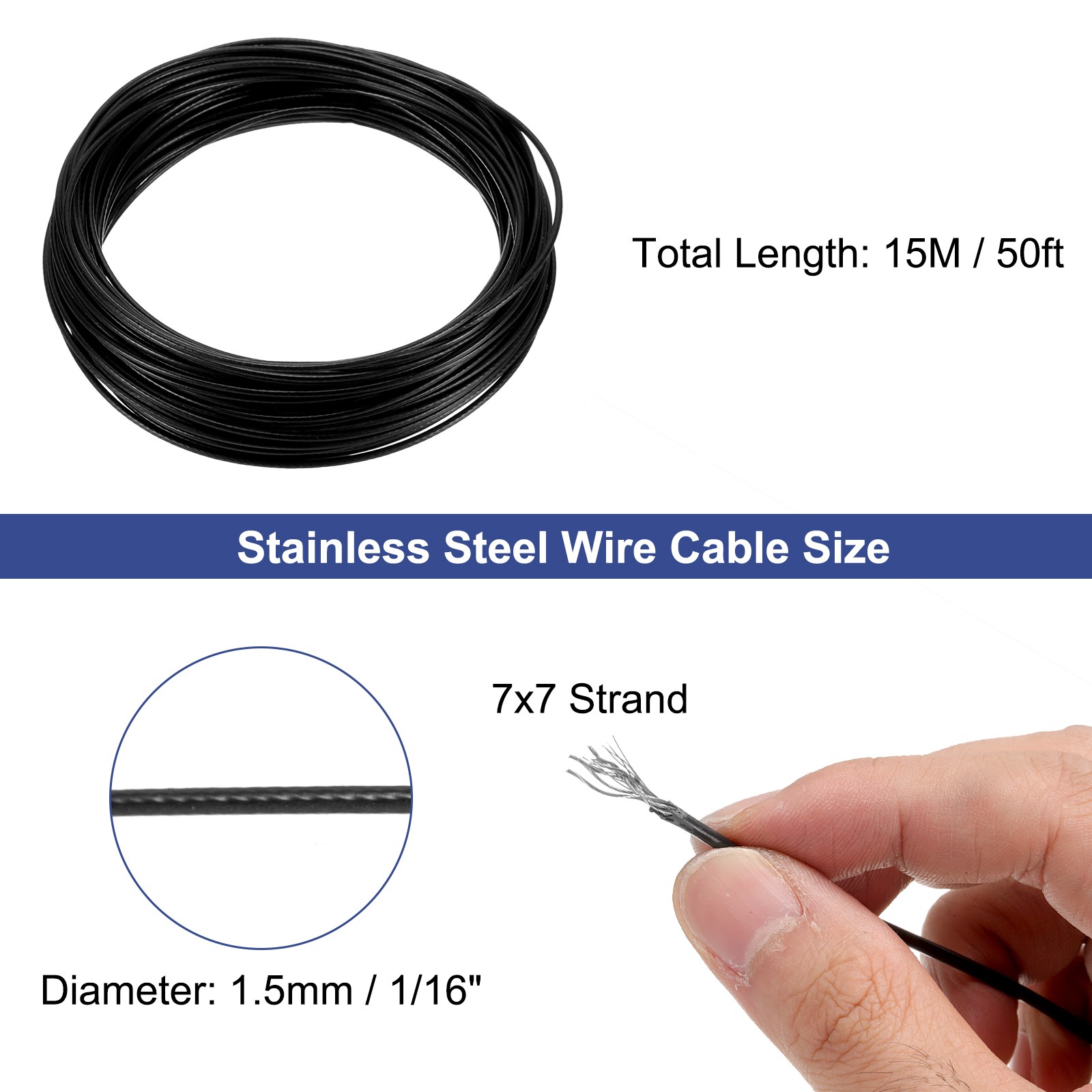 1/16″ (1.5mm) 50ft(15M) Stainless Steel Cable Wire Rope 7×7 Strands Vinyl Coated
