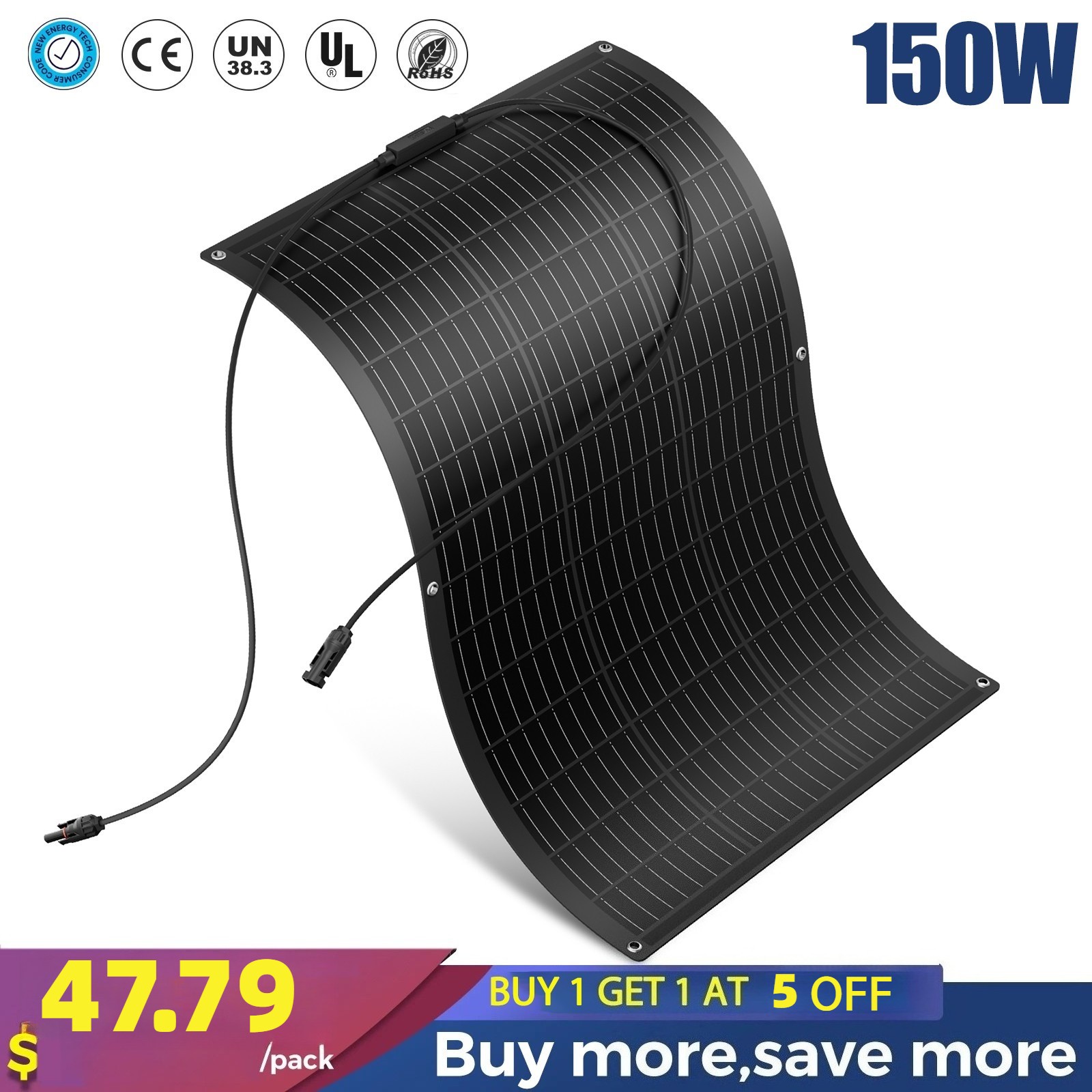 150W Mono Flexible Solar Panel 12V Power Charge Camping Home RV Battery Higher