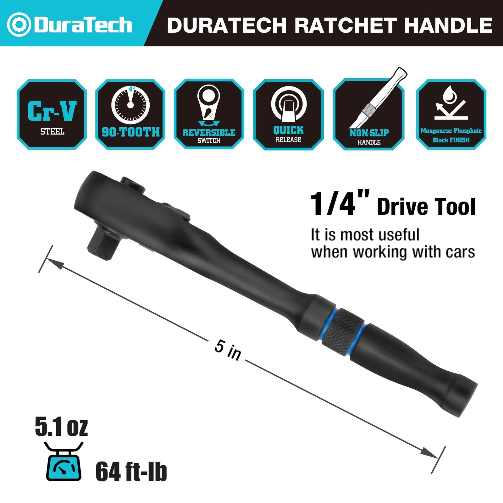 DURATECH 1/4 Inch Drive Ratchet Wrench, 90-Tooth Quick-Release Reversible Wrench