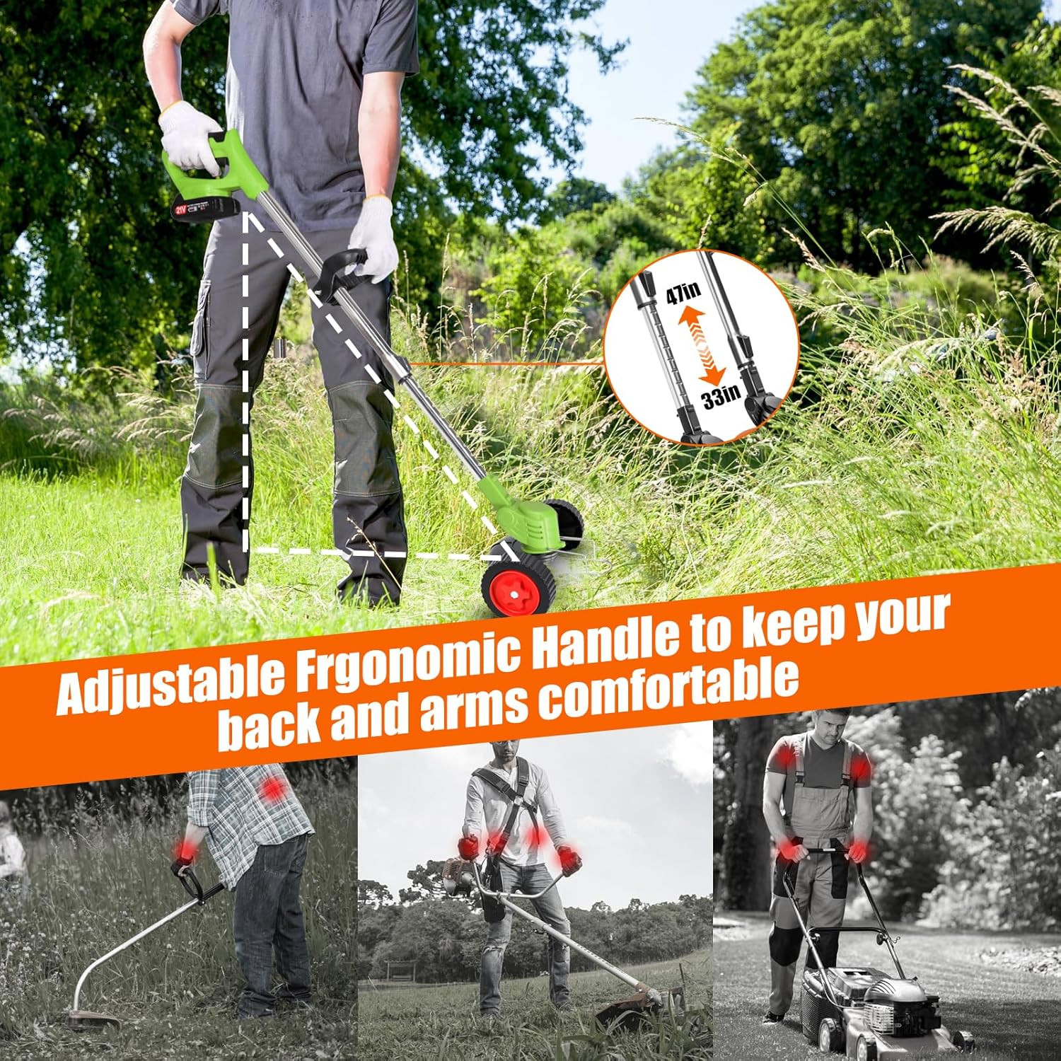 Stringless Weed Wacker Electric Weed Wacker Cordless with Wheels, 2pcs Batteries