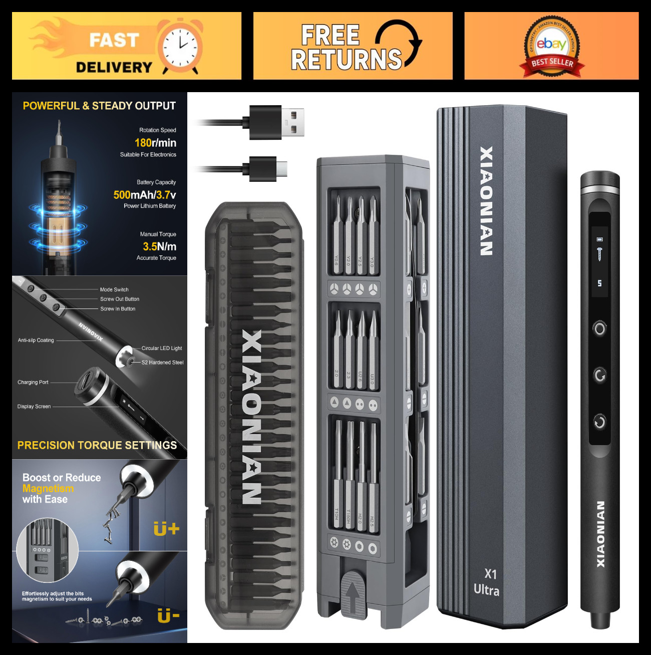 76-in-1 Mini Electric Screwdriver Set, 3.7V Cordless Repair Tool Kit with USB Ch