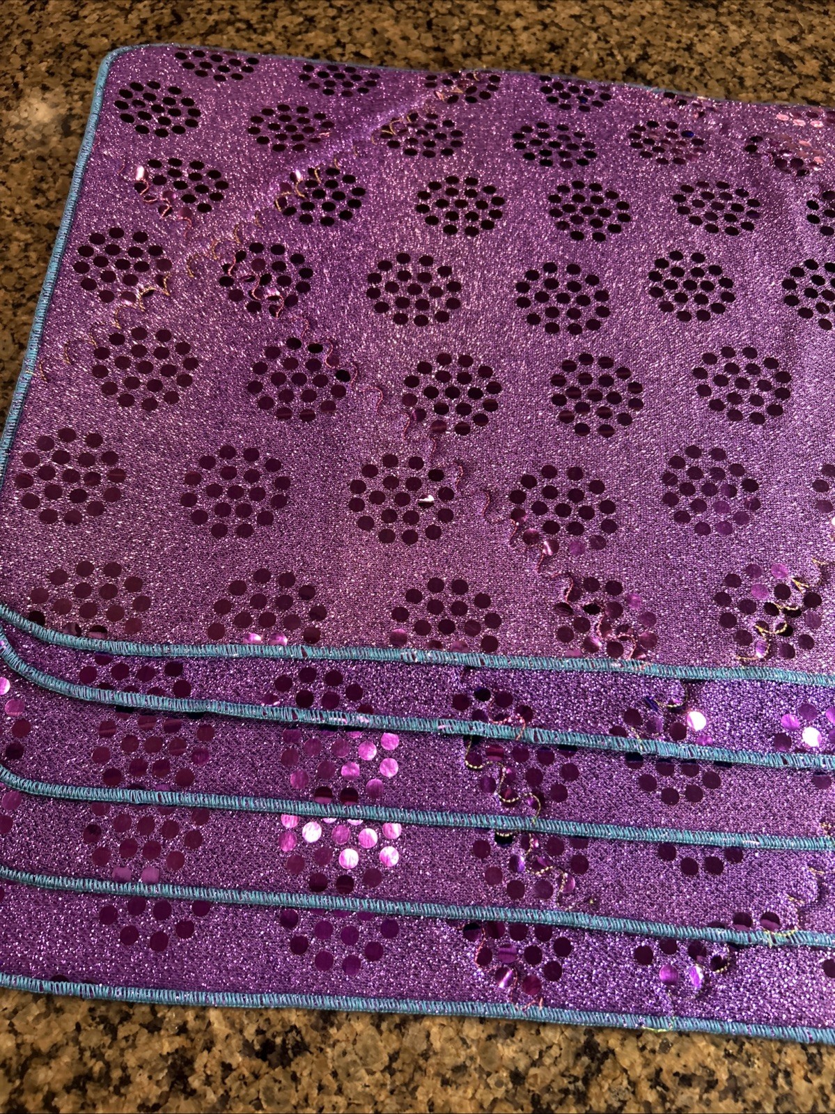 Shiny Purple Padded Placemats Dotted Purple Flowers & Turquoise Edge 18.75×12.5”