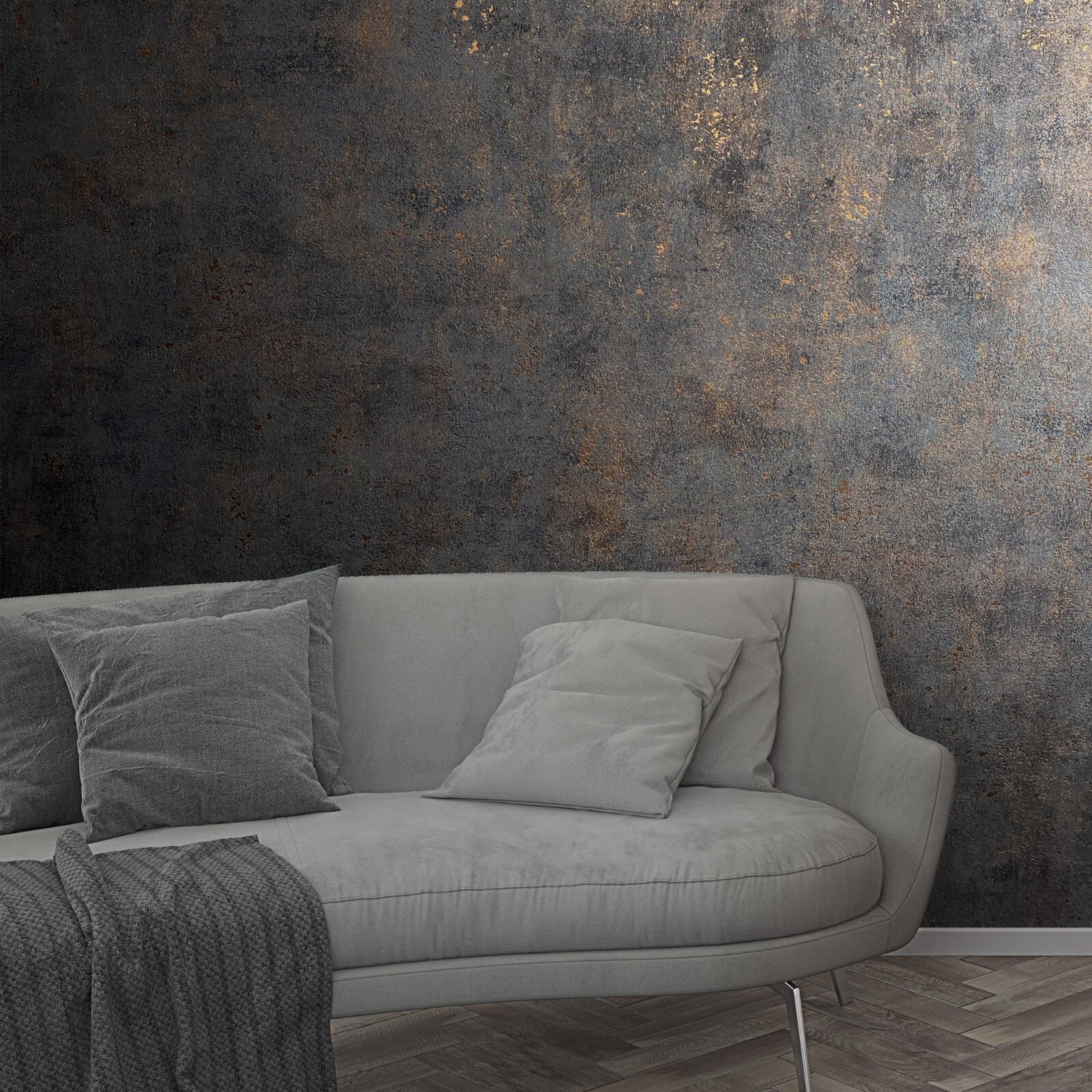 Distressed paint gray rose gold metallic faux concrete plaster texture wallpaper