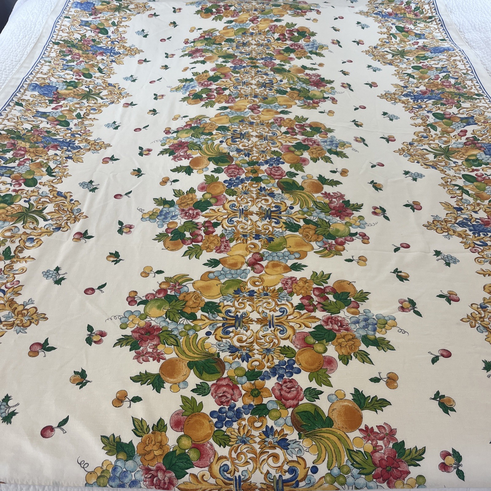 Renaissance-style Rectangular TABLECLOTH SCROLL & FRUITS 60x 78”