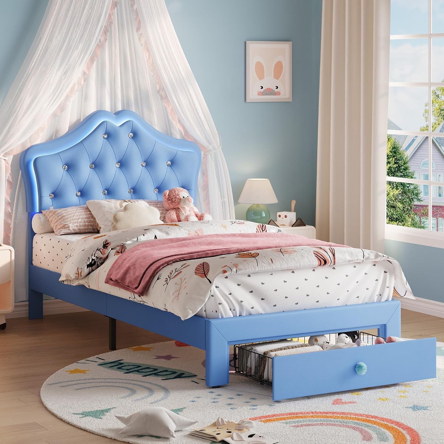 Twin Size Upholstered Bed Frame w/ Storage Drawer & LED Headboard for Kids/Girls