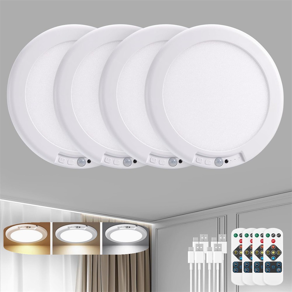 4Pack Rechargeable Motion Sensor Ceiling Light with Remote Wireless LED 3 Colors