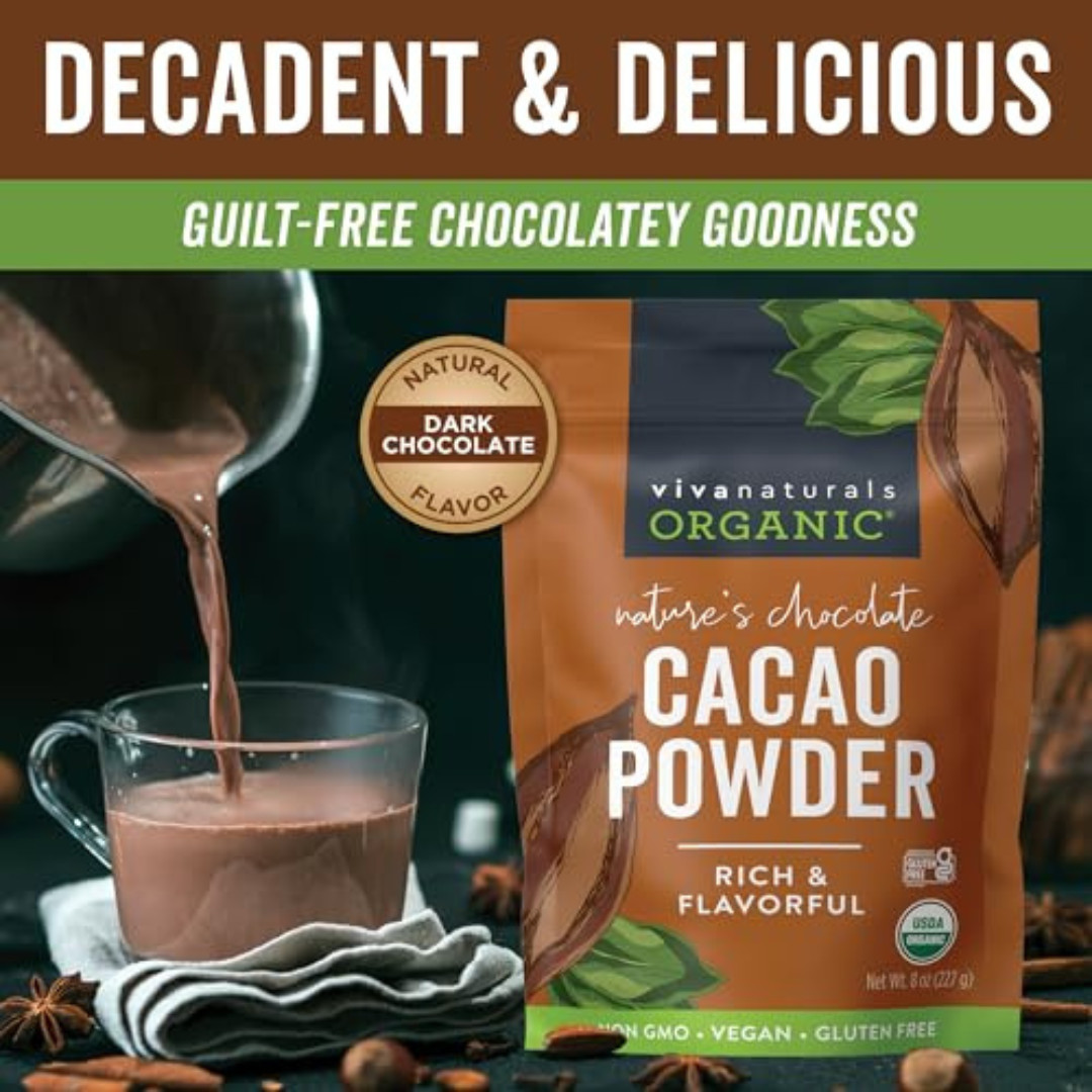 Organic Unsweetened Cacao Powder with Rich Dark Chocolate Flavor