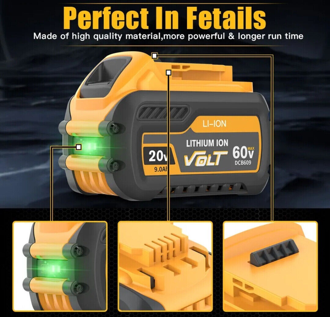 2pcs12Ah DCB609 For DEWALT 9Ah DCB606 DCB615 20V/60V MAX FLEXVOLT Li-Ion Battery