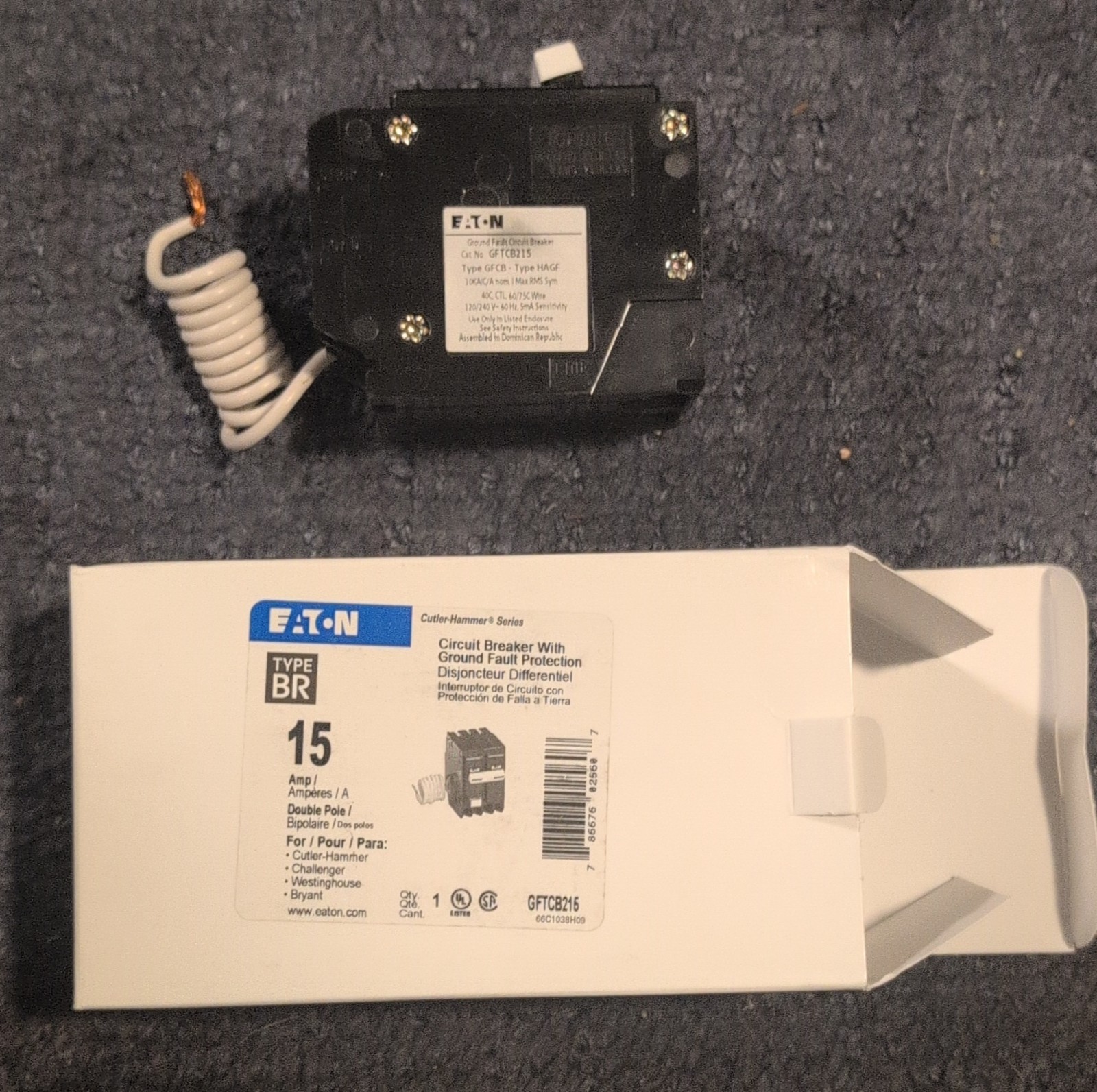 Eaton Type BR GFTCB215 15A Double Pole Circuit Breaker Ground Fault Protection