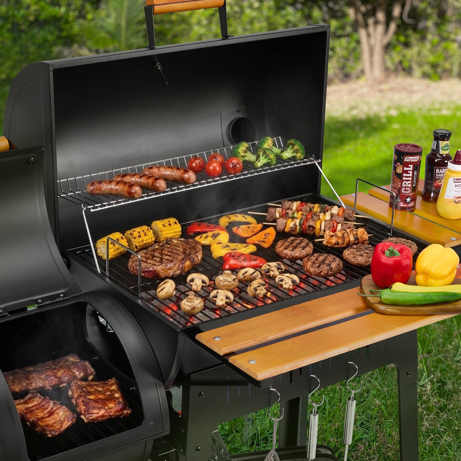 Royal Gourmet Charcoal Grill with Offset Smoker, Front & Side Shelves, Black