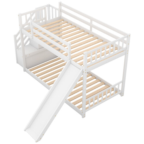 Stairway Wooden Bunk Bed w/ Slide Low Floor Bed for Kids Teens Adults,White/Gray