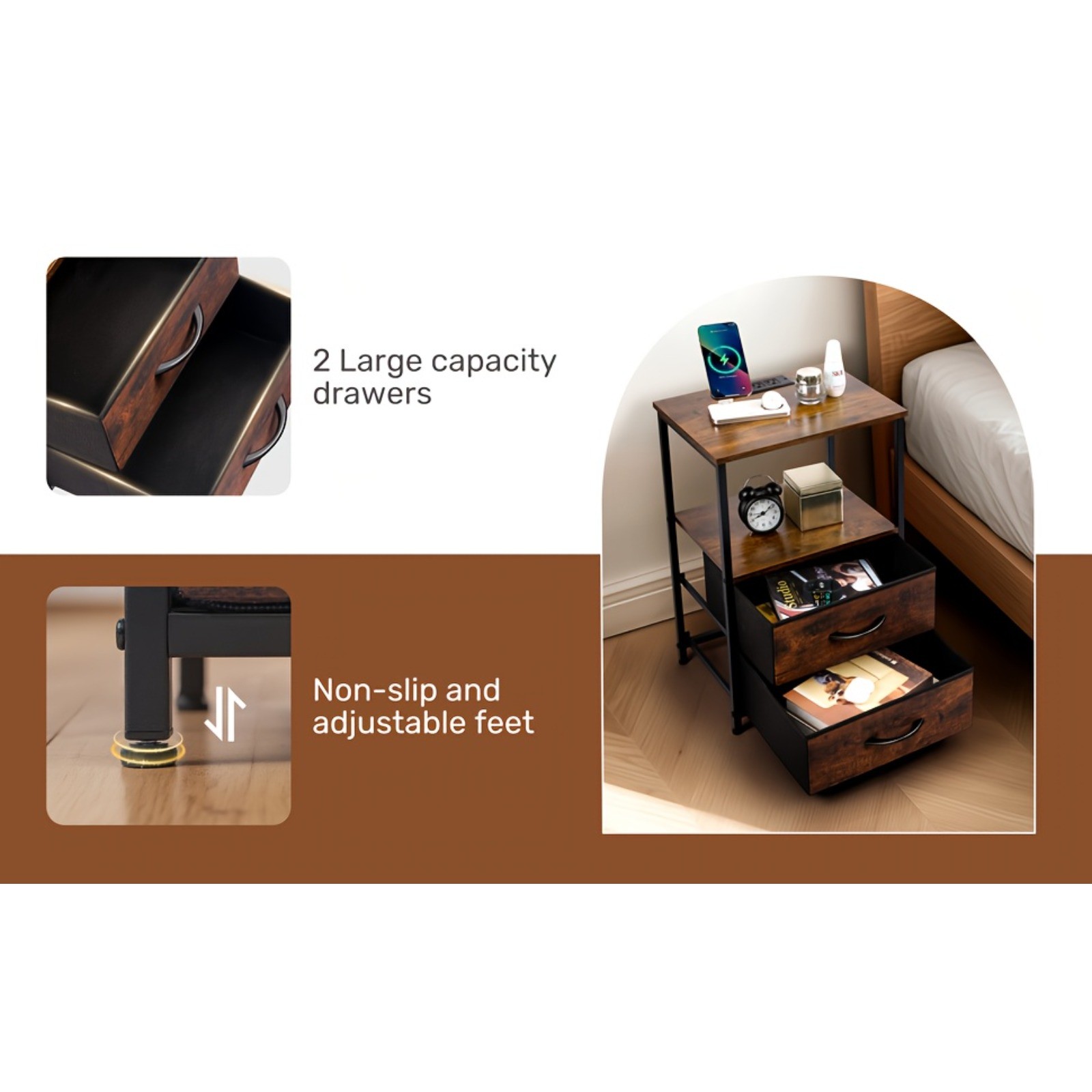 Led Nightstand with Charging Station 2 Drawers Night Stand Black Bedside Table