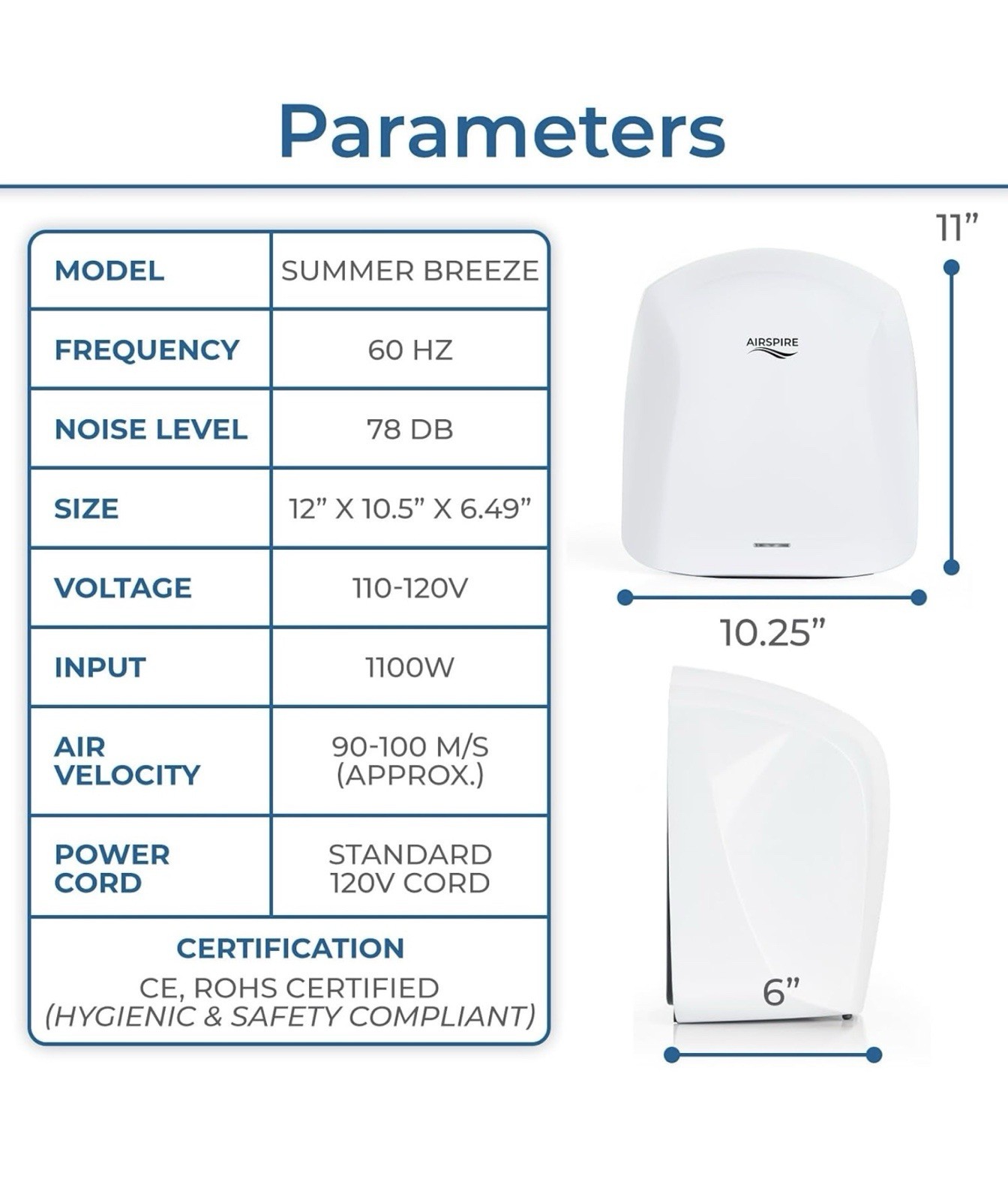 Airspire®️ Summer Breeze Automatic Electric Warm Air Hand Dryer ~ HEPA ~ 1100W