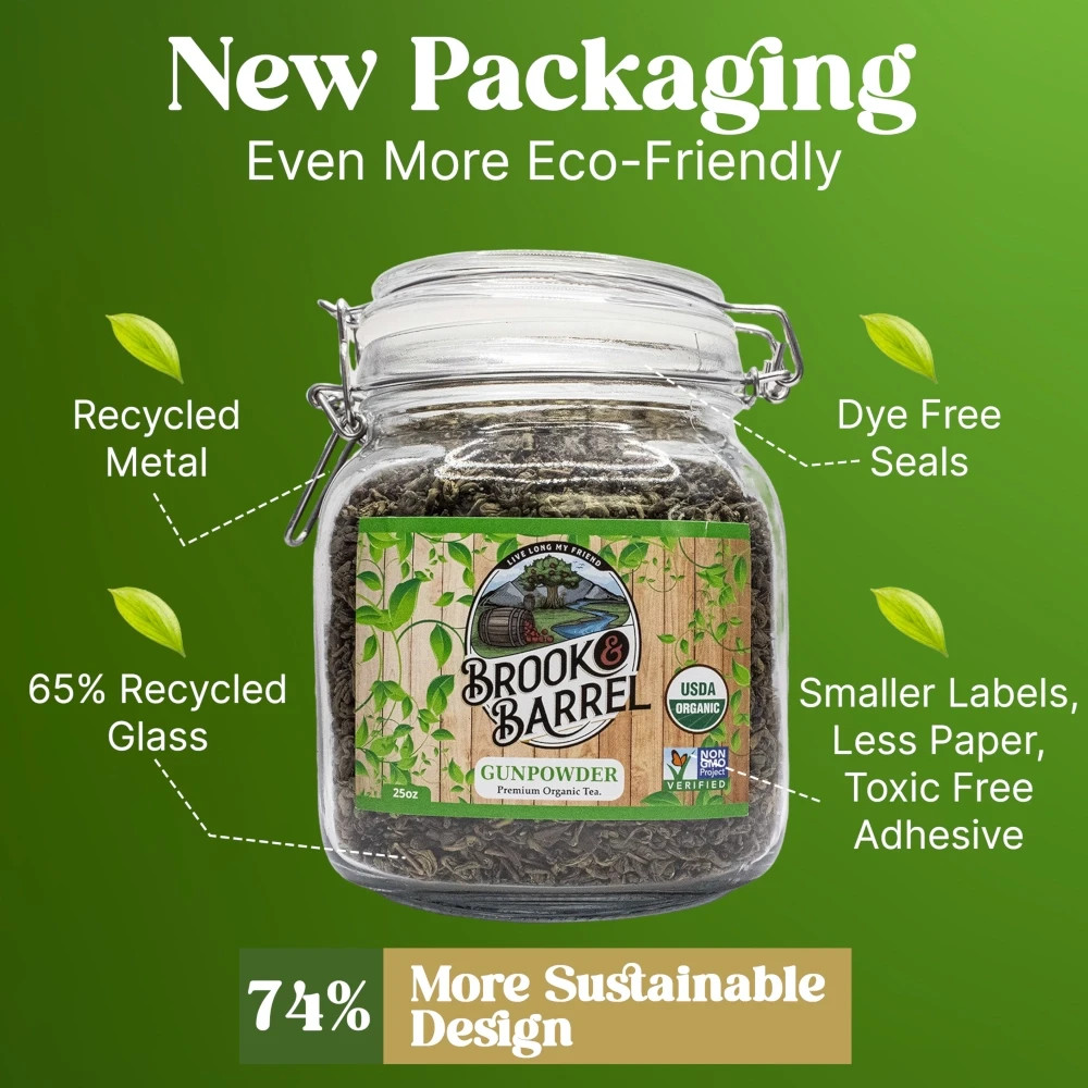 Brook & Barrel USDA Organic Gunpowder Green Tea Loose Leaf 1.6 lbs Glass Jar