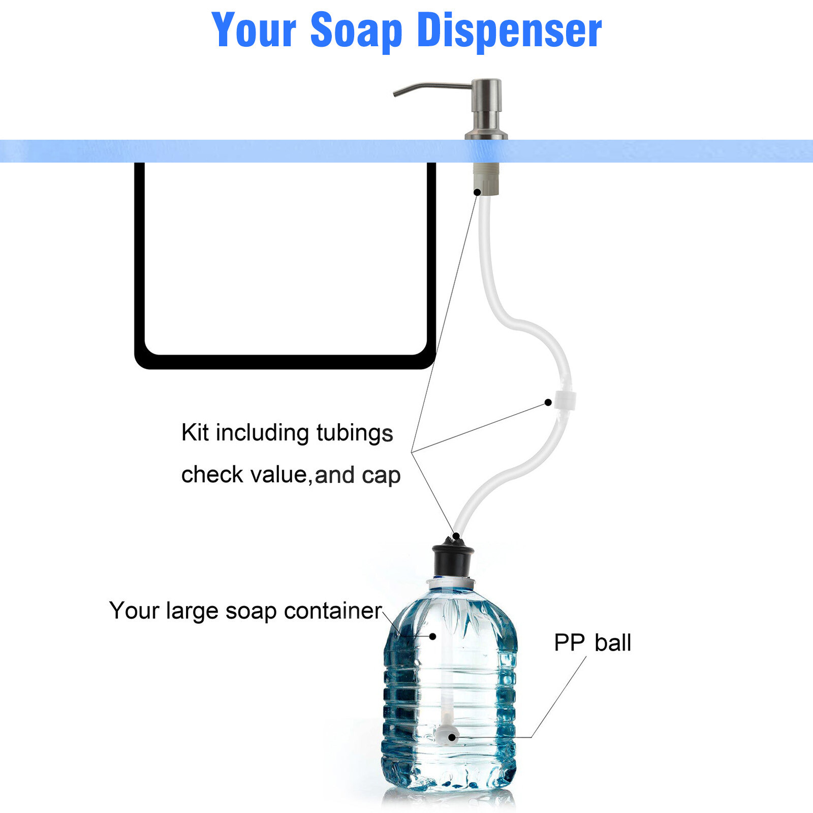 360° Sink Soap Dispenser Stainless Steel Kitchen Hands Liquid Pump Bottle Tube