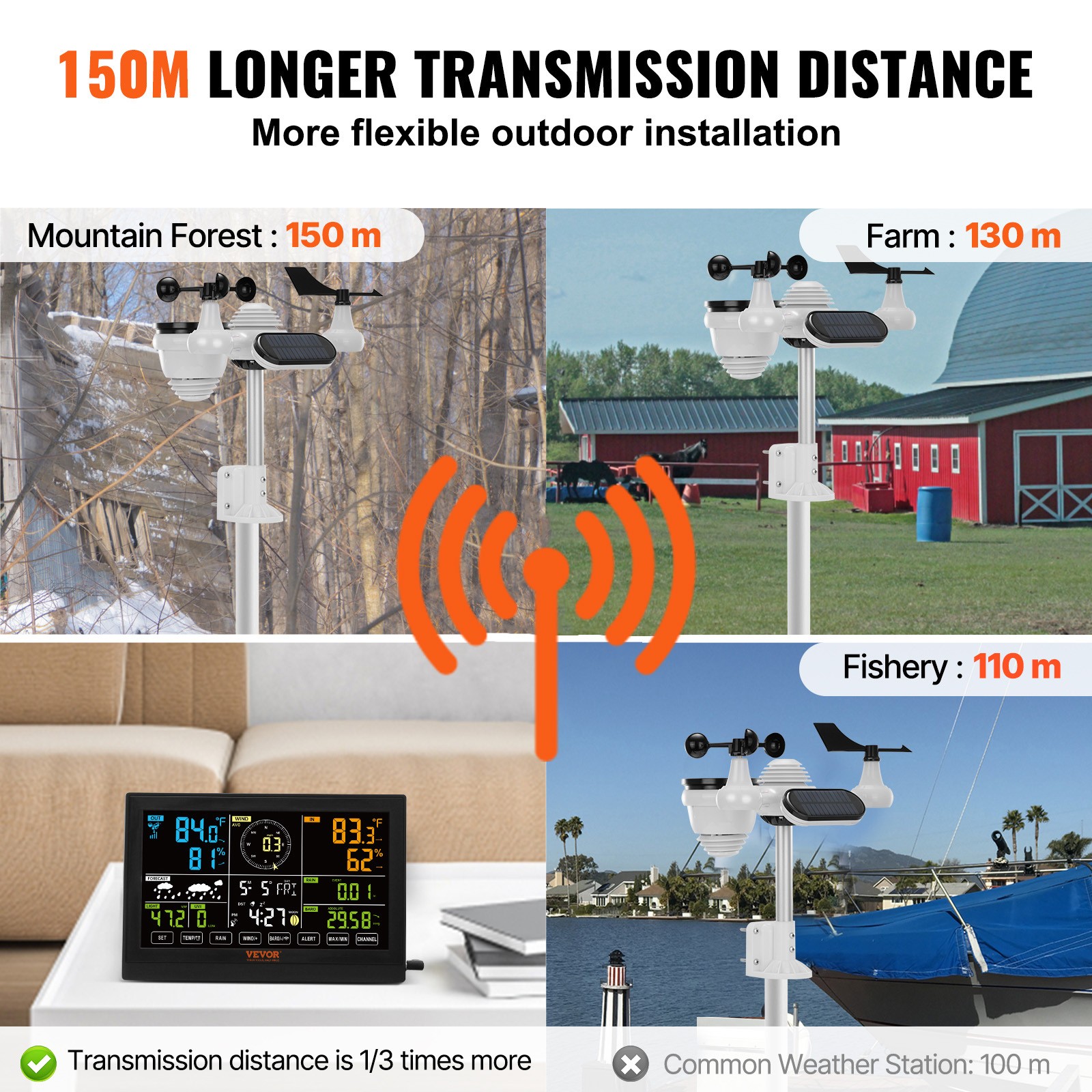 VEVOR 7-in-1 Wireless Weather Station 7.5 in Large Display for Indoor Outdoor